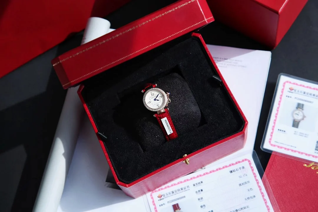 A distinctive red alligator leather strap