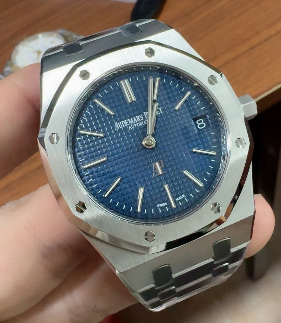 Audemars Piguet Blue Dial 15202 39mm — photographed off the sweep