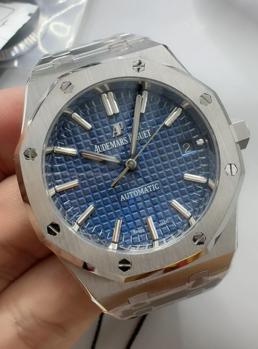 Audemars Piguet Blue Dial 15450 37mm — photographed off the sweep
