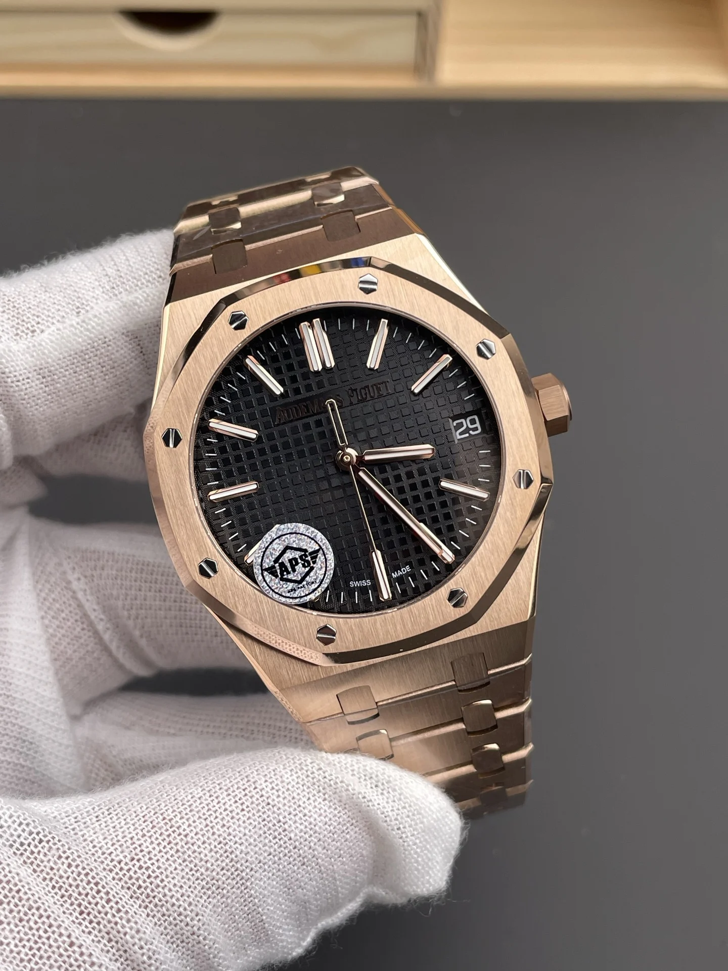 Audemars Piguet Rose Gold Black Dial 15510 — photographed off the sweep