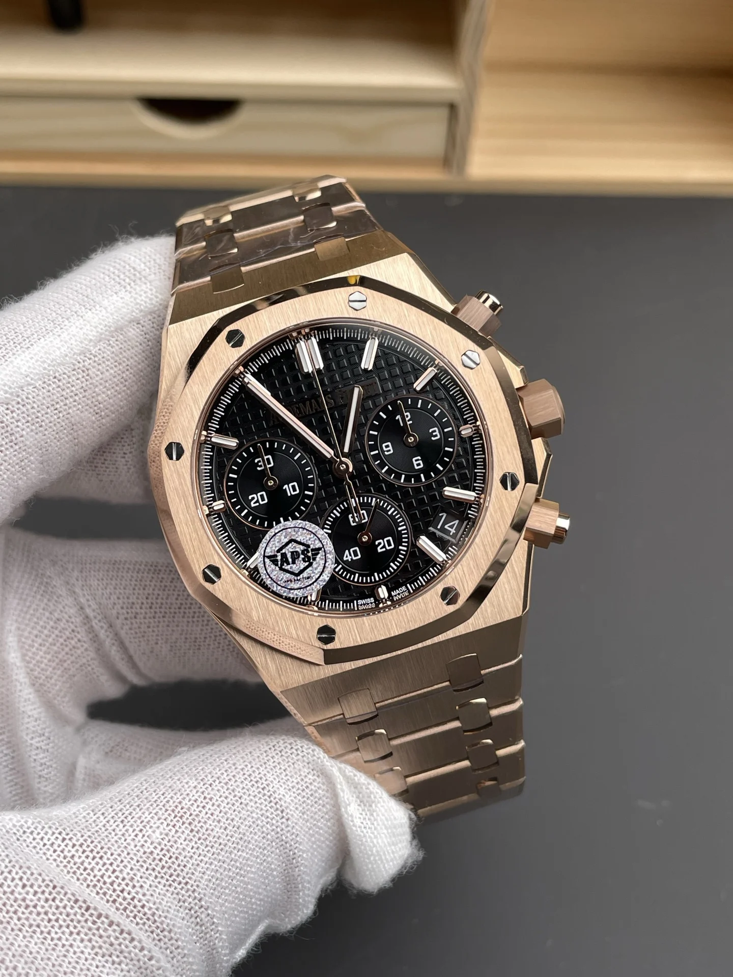Audemars Piguet Rose Gold Black Dial 26240 41mm — photographed off the sweep