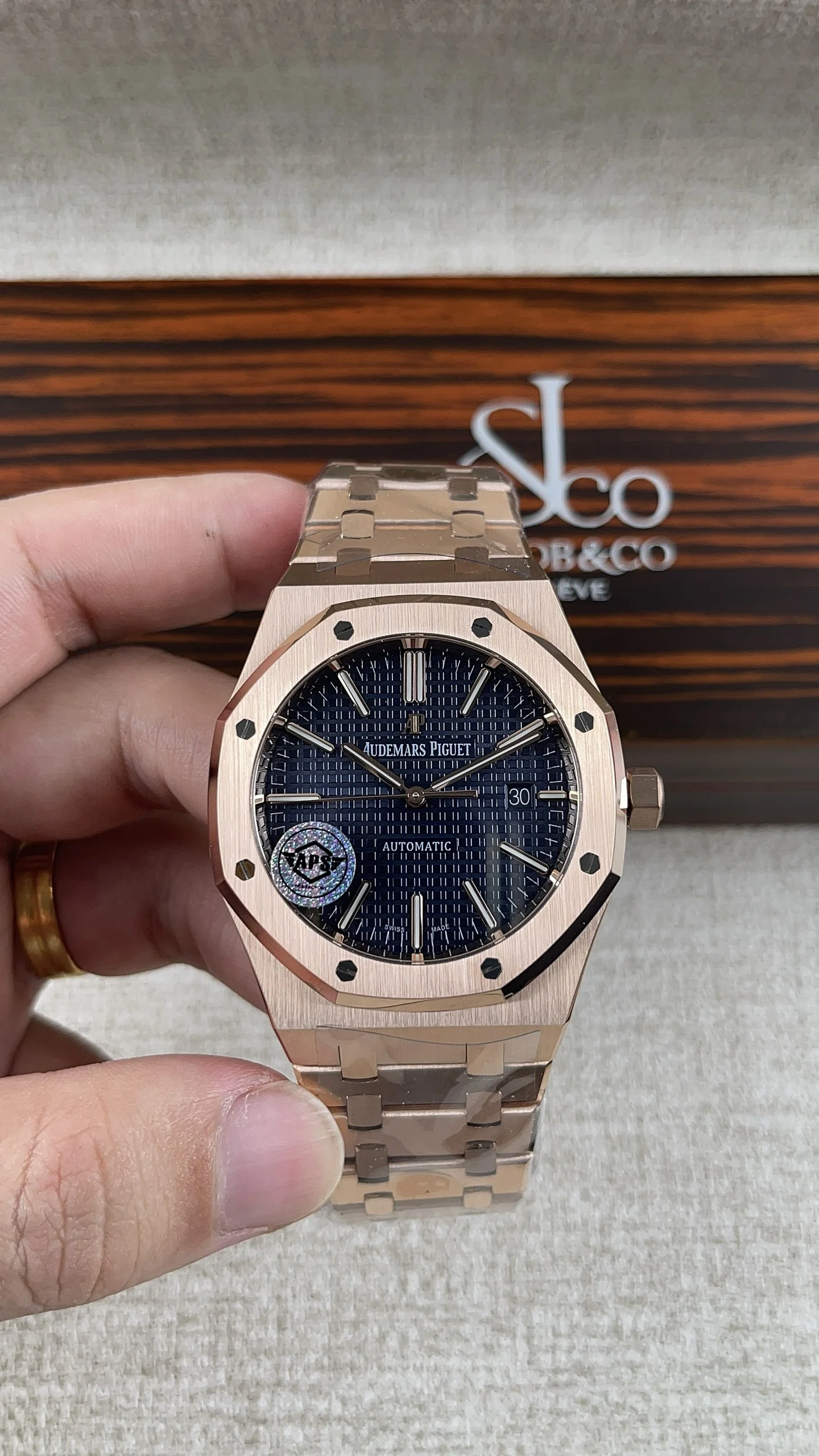 Audemars Piguet Rose Gold Blue Dial 15400 — photographed off the sweep