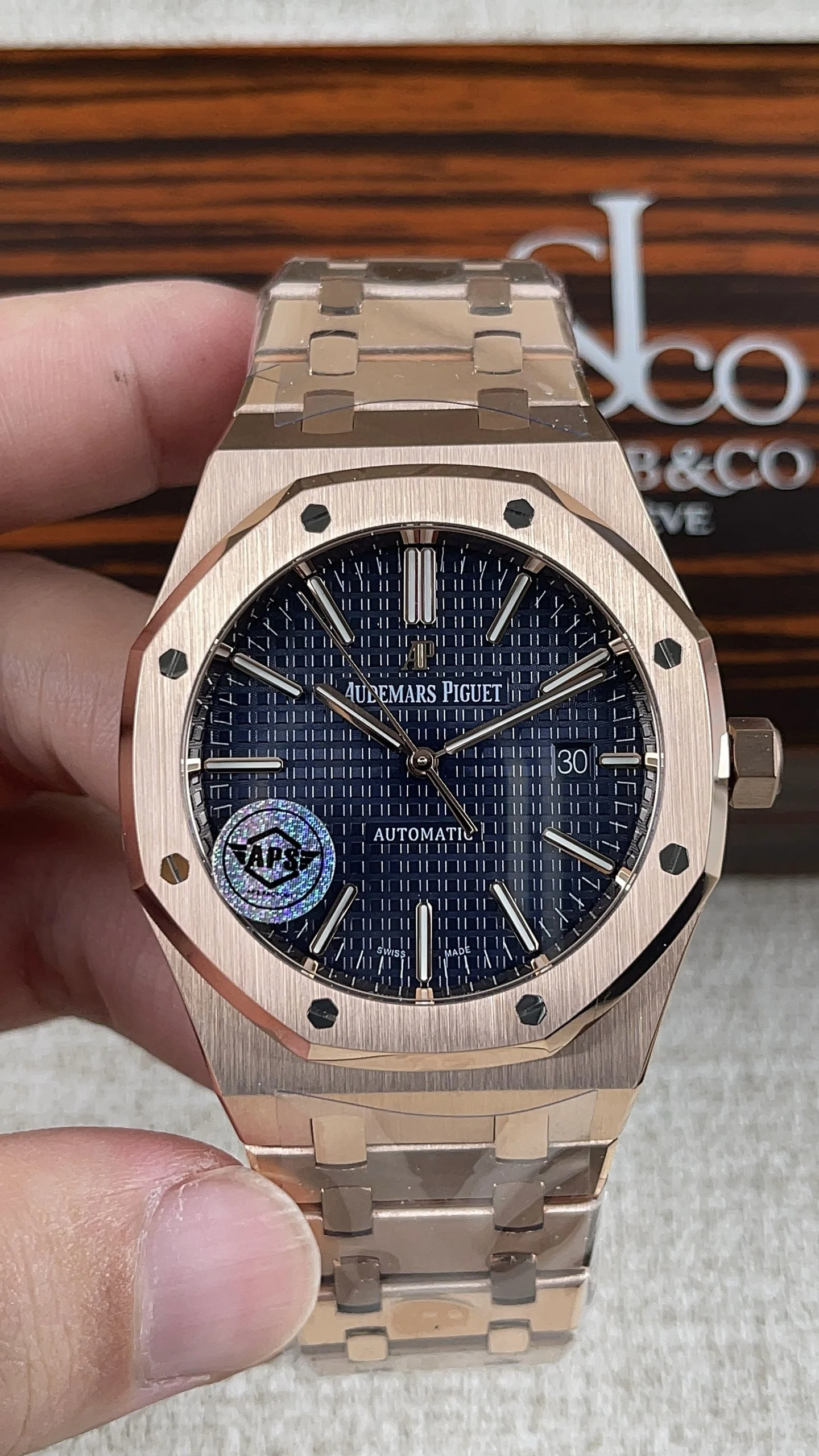 Audemars Piguet Rose Gold Blue Dial 15400 — photographed off the sweep