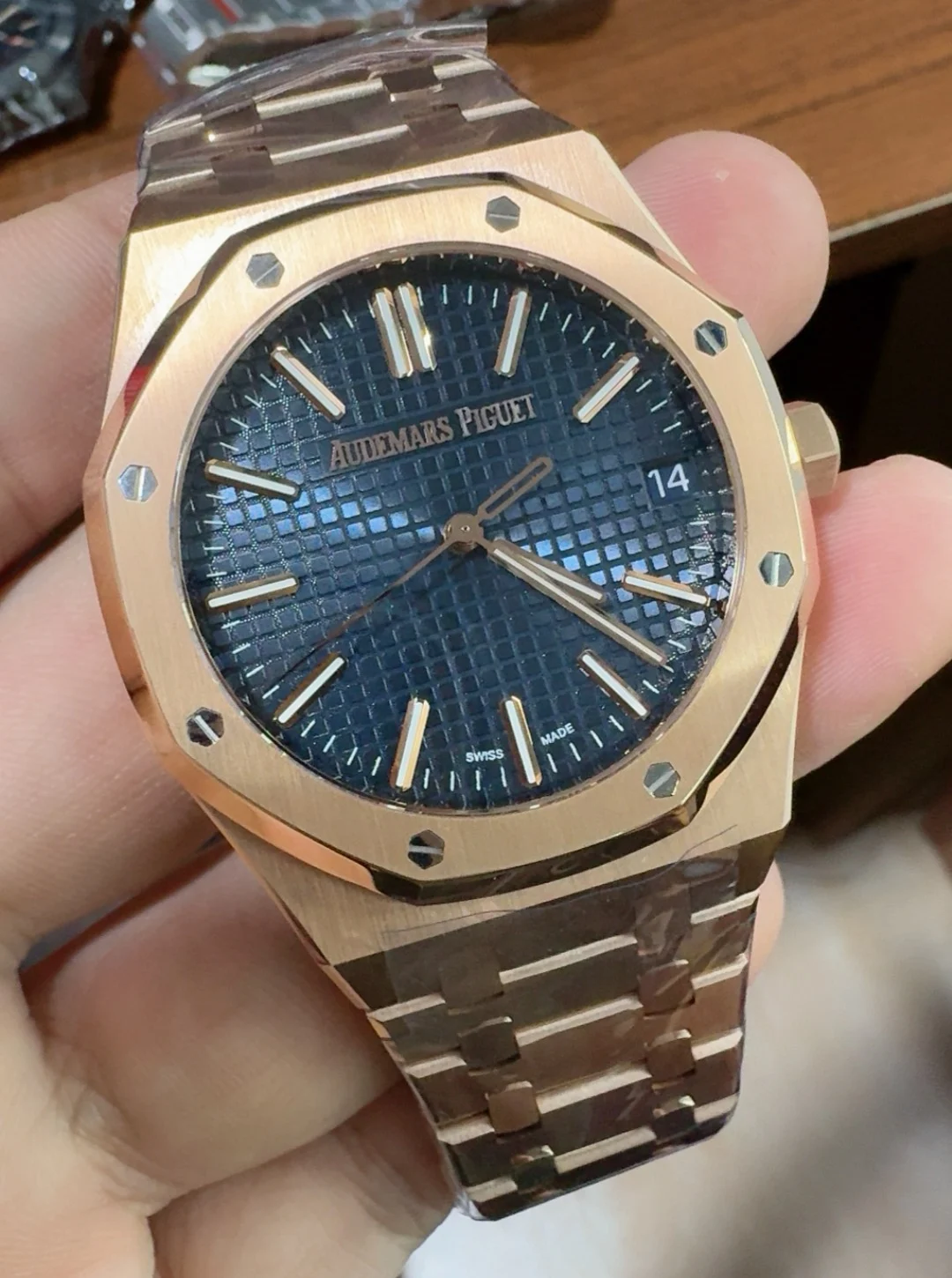 Audemars Piguet Rose Gold Blue Dial 15510 — photographed off the sweep