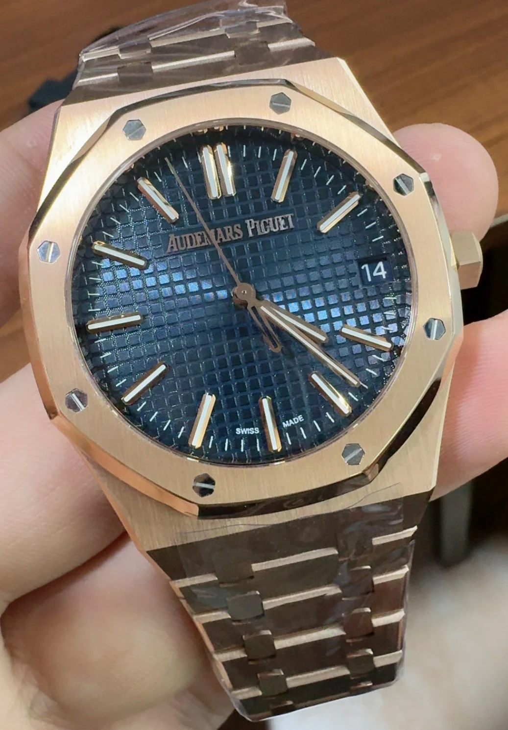 Audemars Piguet Rose Gold Blue Dial 15510 — photographed off the sweep