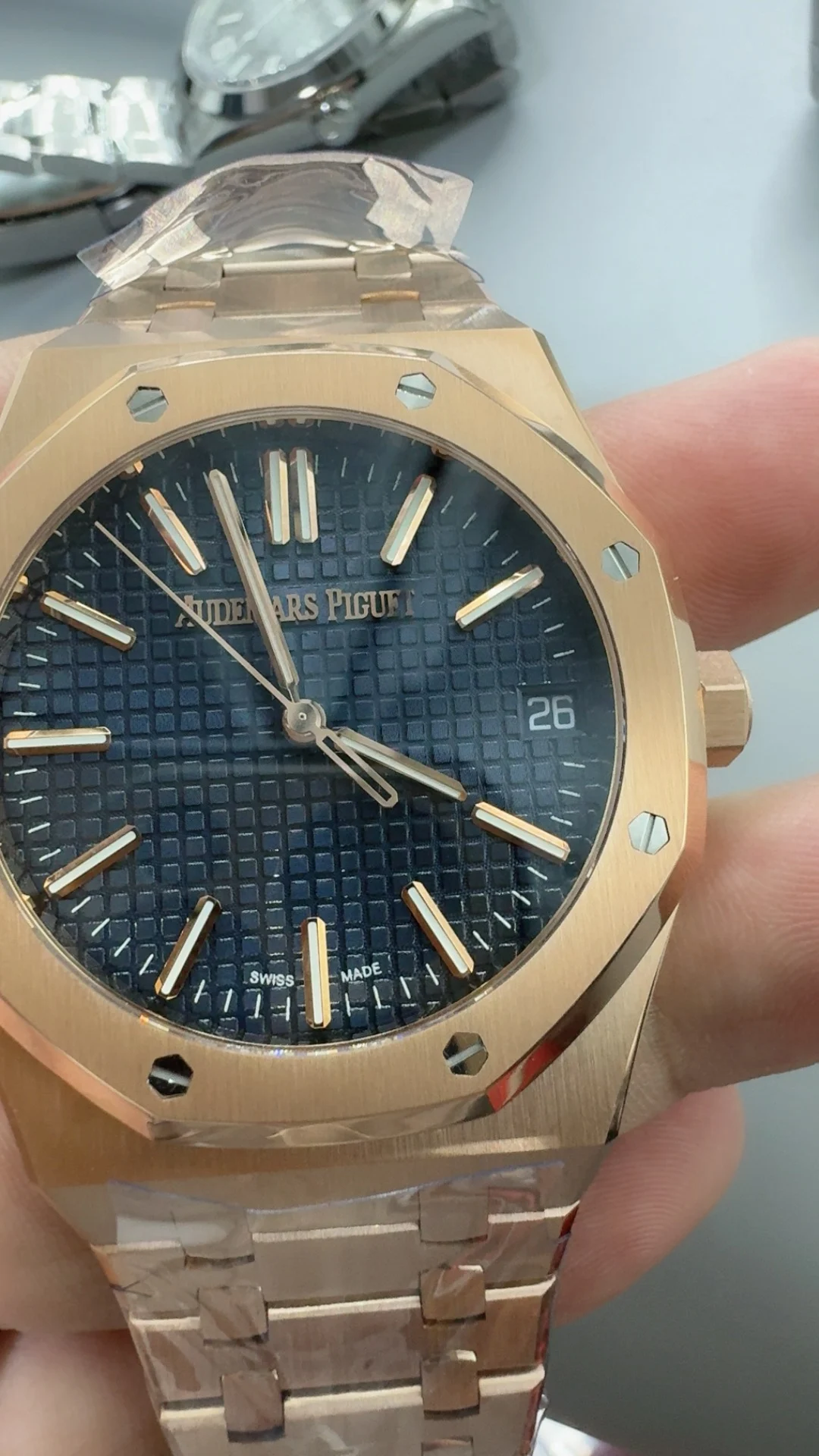 Audemars Piguet Rose Gold Blue Dial 15510 — photographed off the sweep