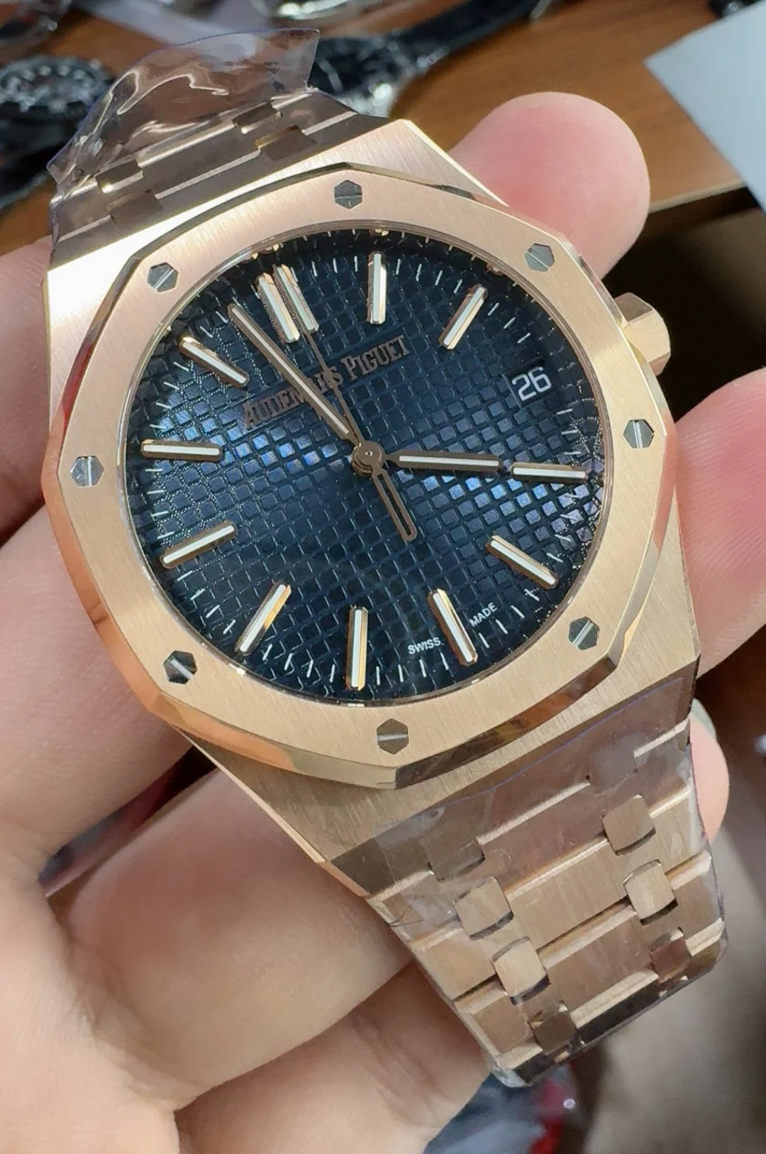 Audemars Piguet Rose Gold Blue Dial 15510 — photographed off the sweep