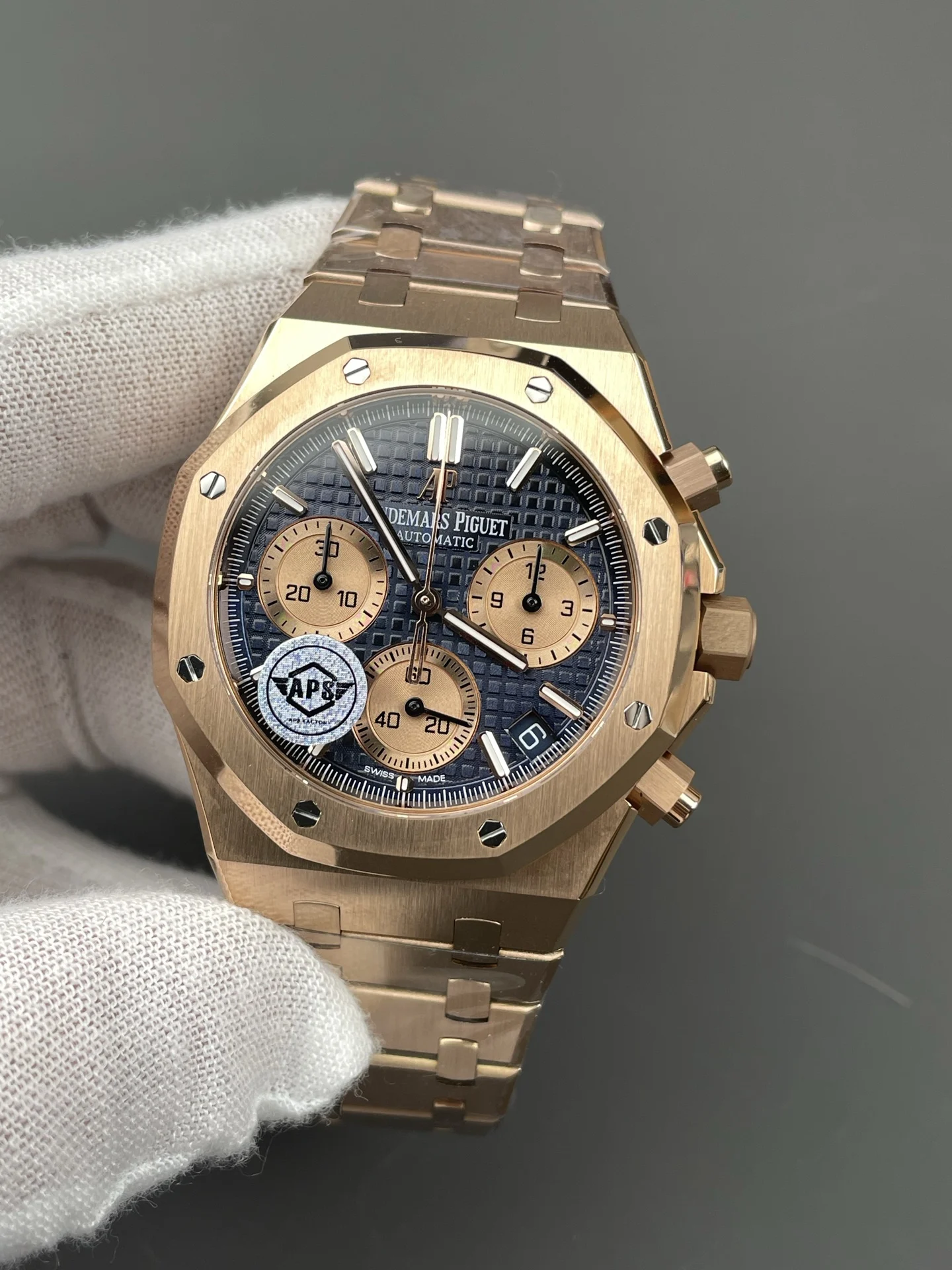 Audemars Piguet Rose Gold Blue Dial 26240 — photographed off the sweep