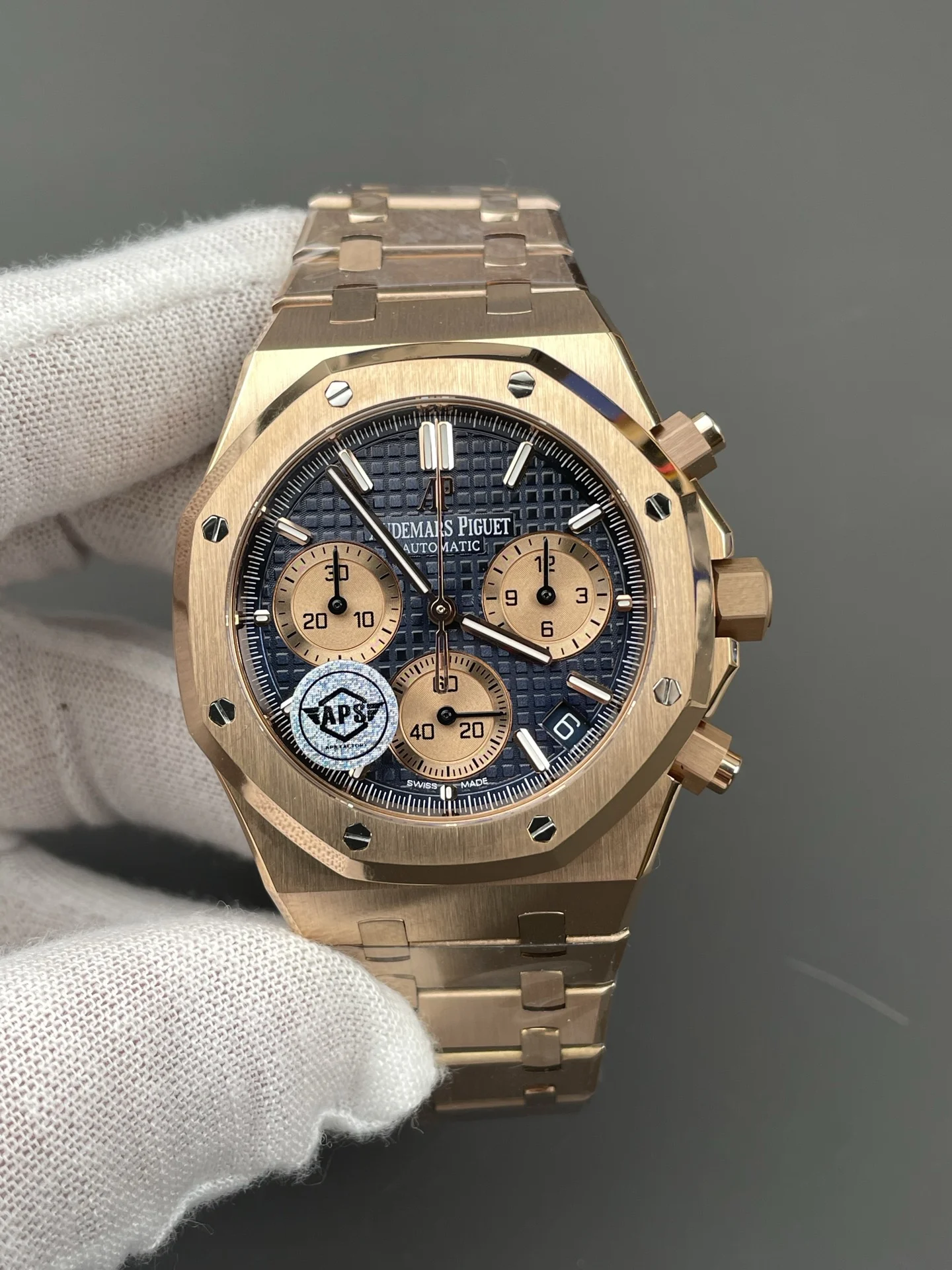 Audemars Piguet Rose Gold Blue Dial 26240 — photographed off the sweep