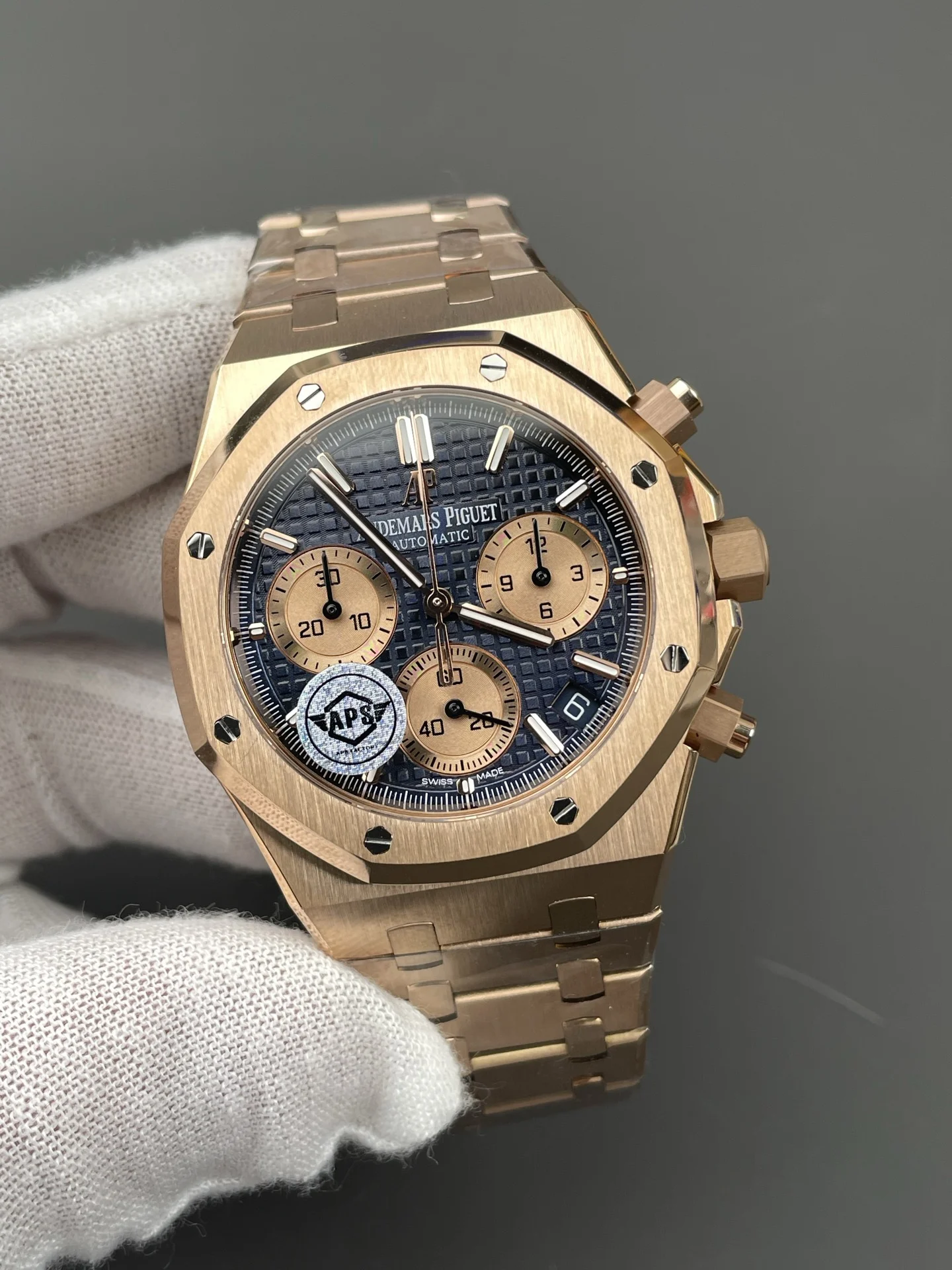 Audemars Piguet Rose Gold Blue Dial 26240 — photographed off the sweep