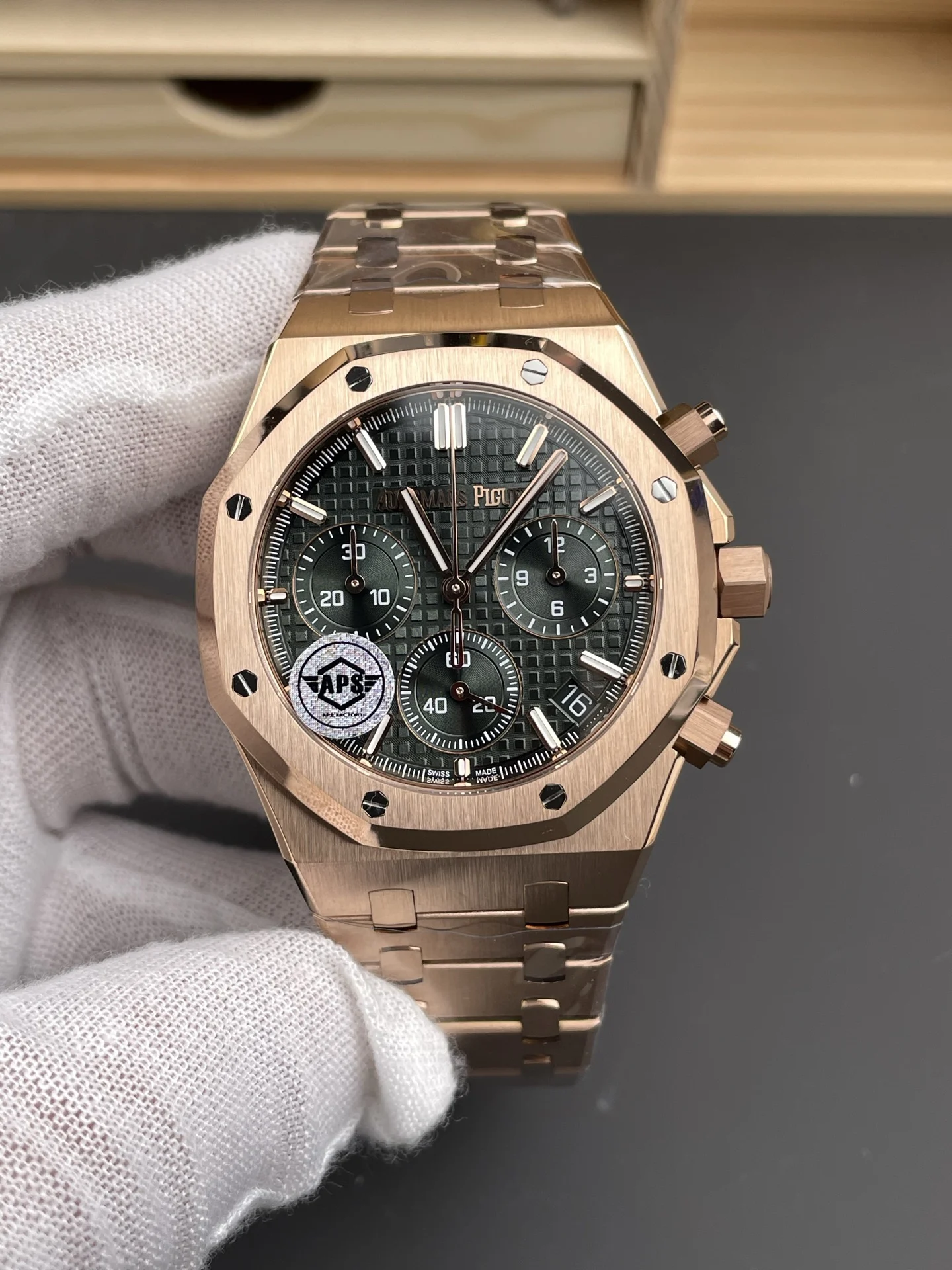 Audemars Piguet Rose Gold Green Dial 26240 41mm — photographed off the sweep