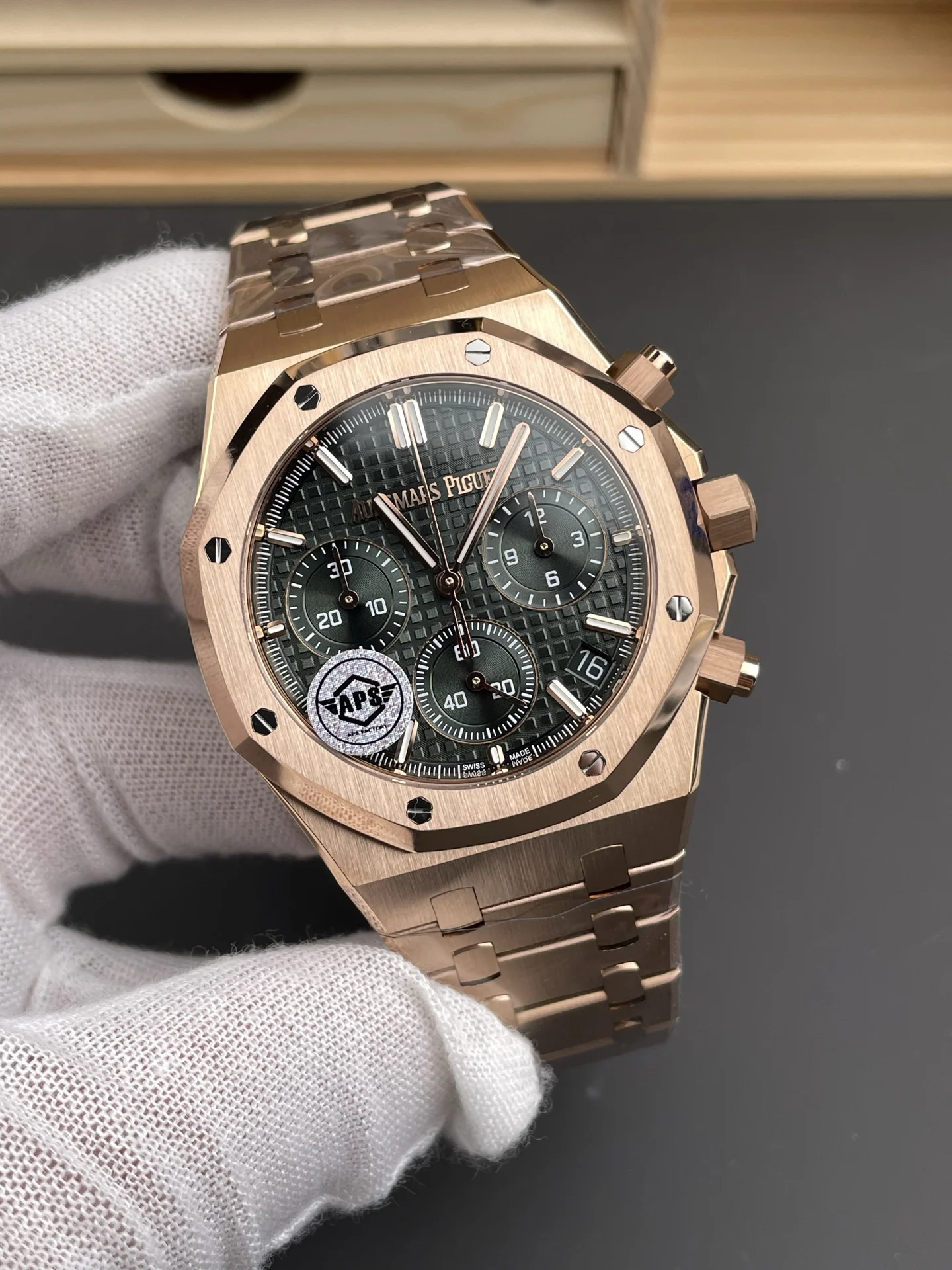 Audemars Piguet Rose Gold Green Dial 26240 41mm — photographed off the sweep