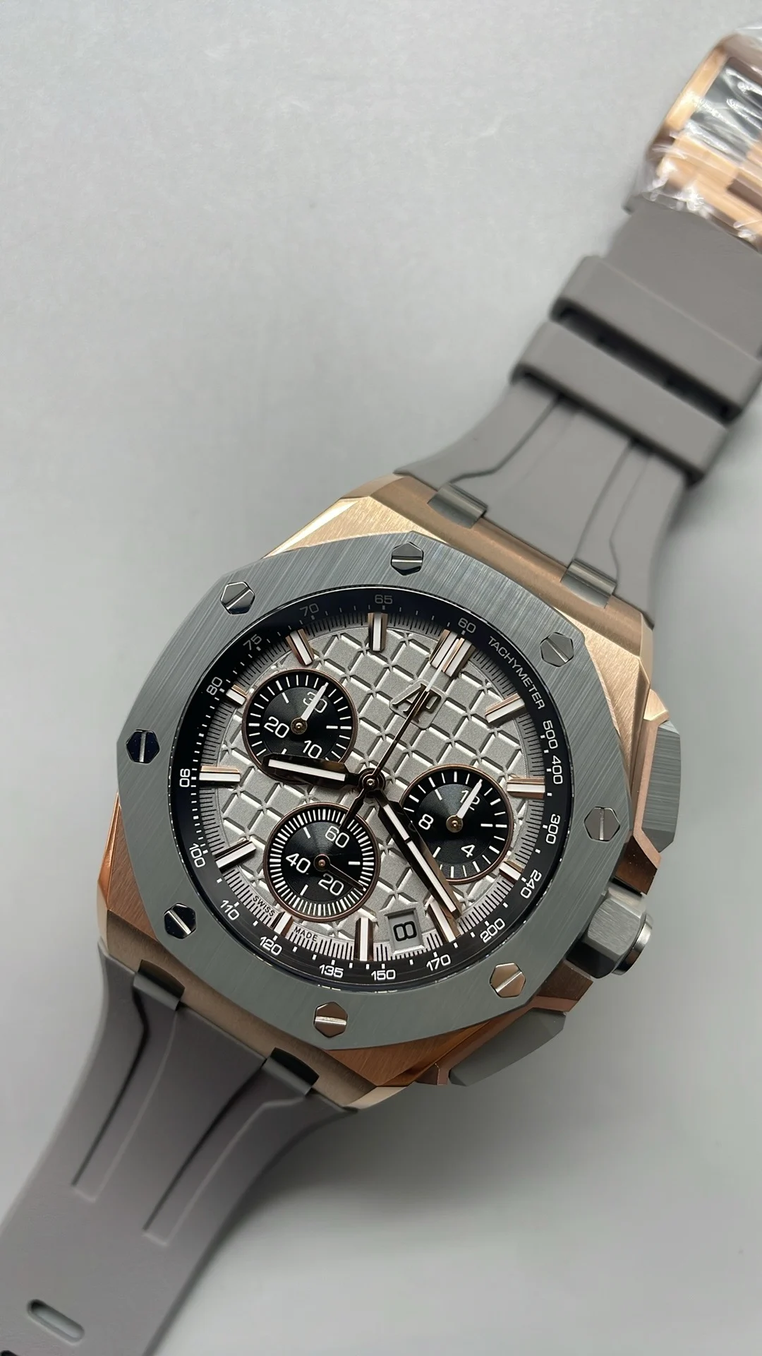 Audemars Piguet Rose Gold Grey Dial 26420 — photographed off the sweep