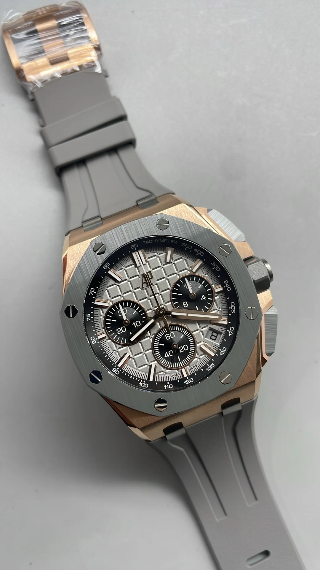 Audemars Piguet Rose Gold Grey Dial 26420 — photographed off the sweep