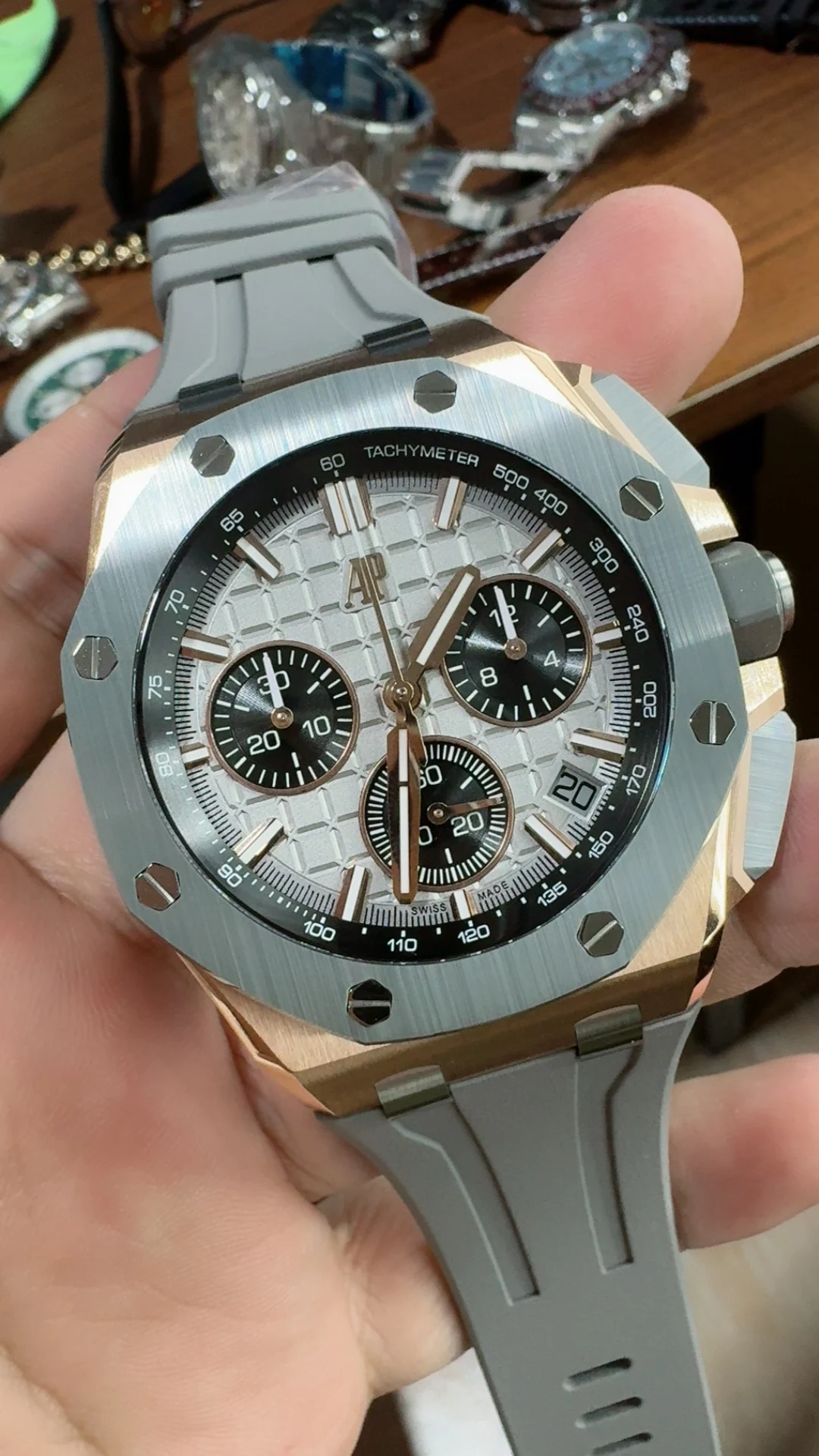 Audemars Piguet Rose Gold Grey Dial 26420 — photographed off the sweep
