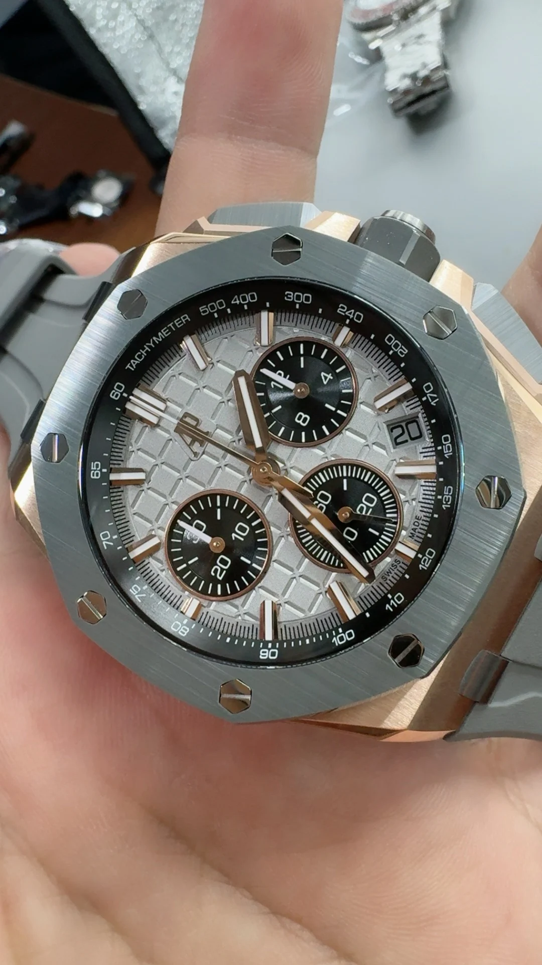 Audemars Piguet Rose Gold Grey Dial 26420 — photographed off the sweep