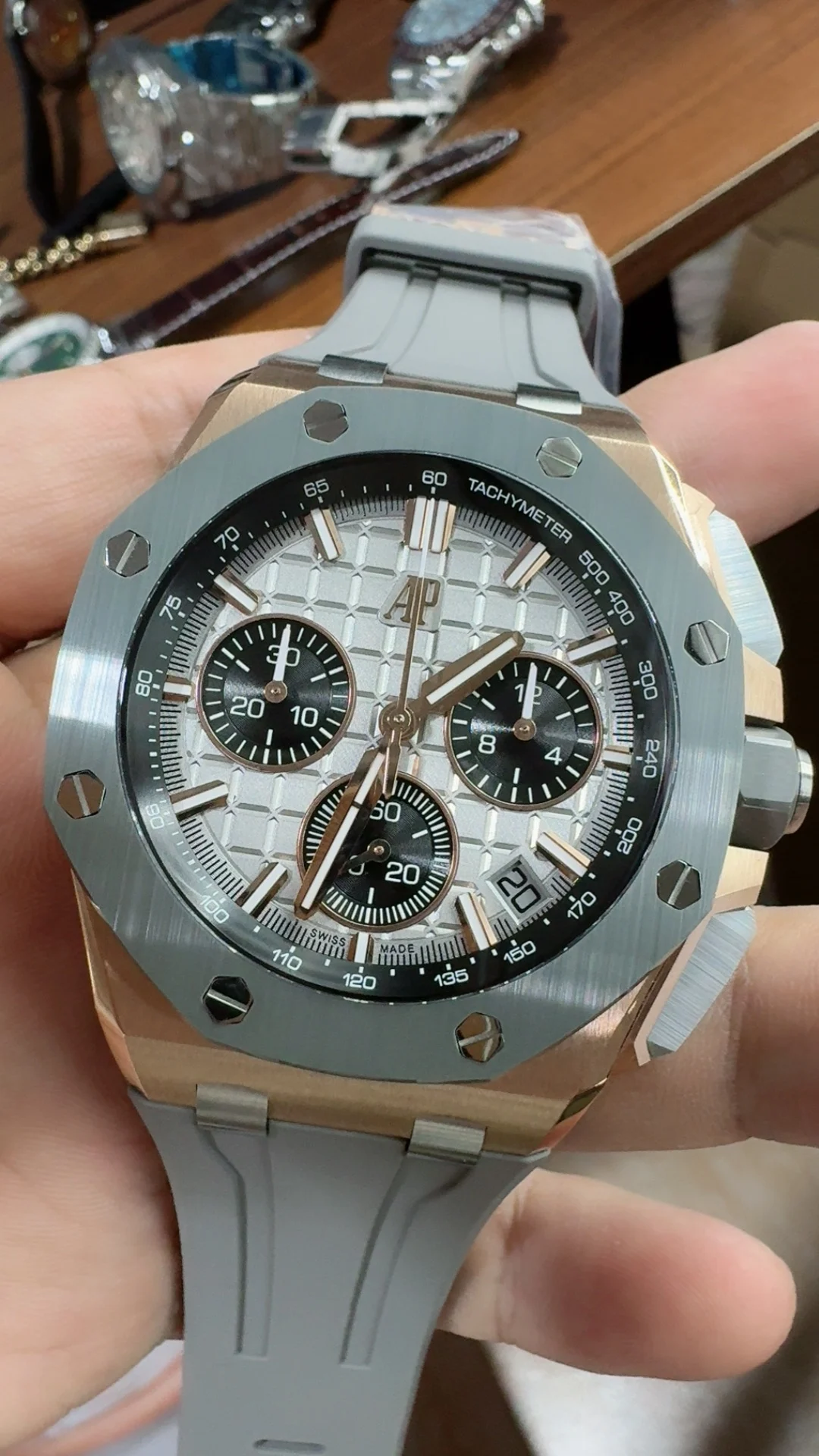 Audemars Piguet Rose Gold Grey Dial 26420 — photographed off the sweep