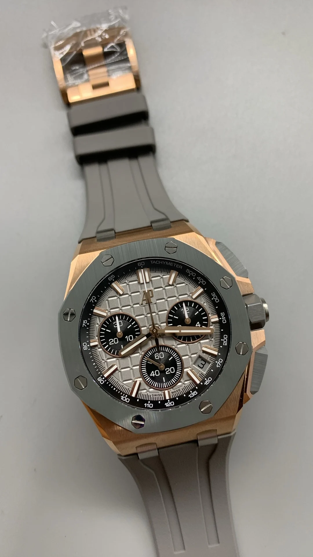 Audemars Piguet Rose Gold Grey Dial 26420 — photographed off the sweep