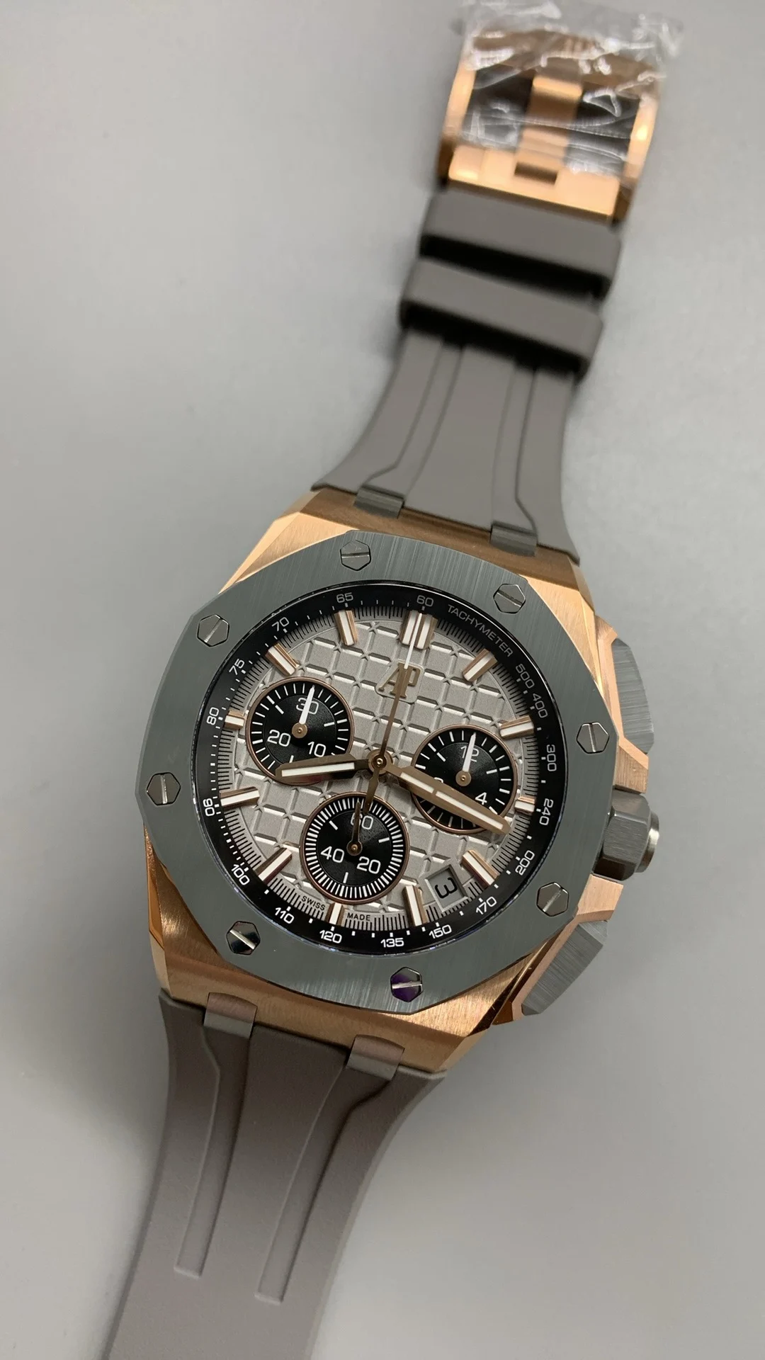 Audemars Piguet Rose Gold Grey Dial 26420 — photographed off the sweep