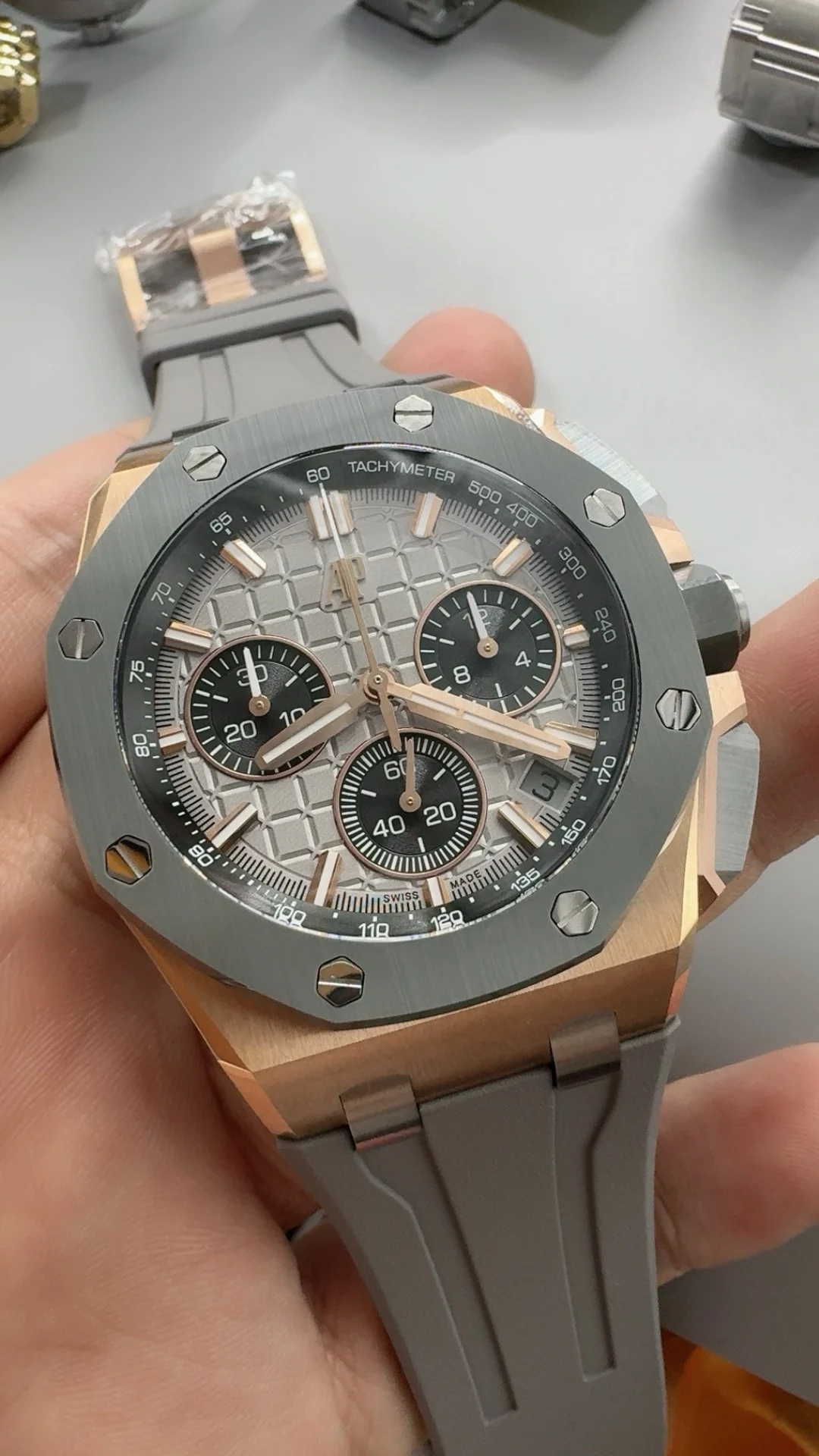 Audemars Piguet Rose Gold Grey Dial 26420 — photographed off the sweep