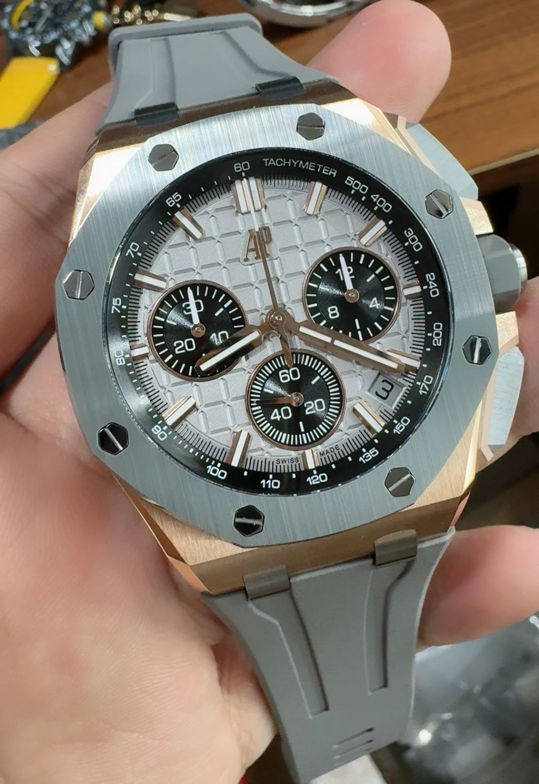 Audemars Piguet Rose Gold Grey Dial 26420 — photographed off the sweep