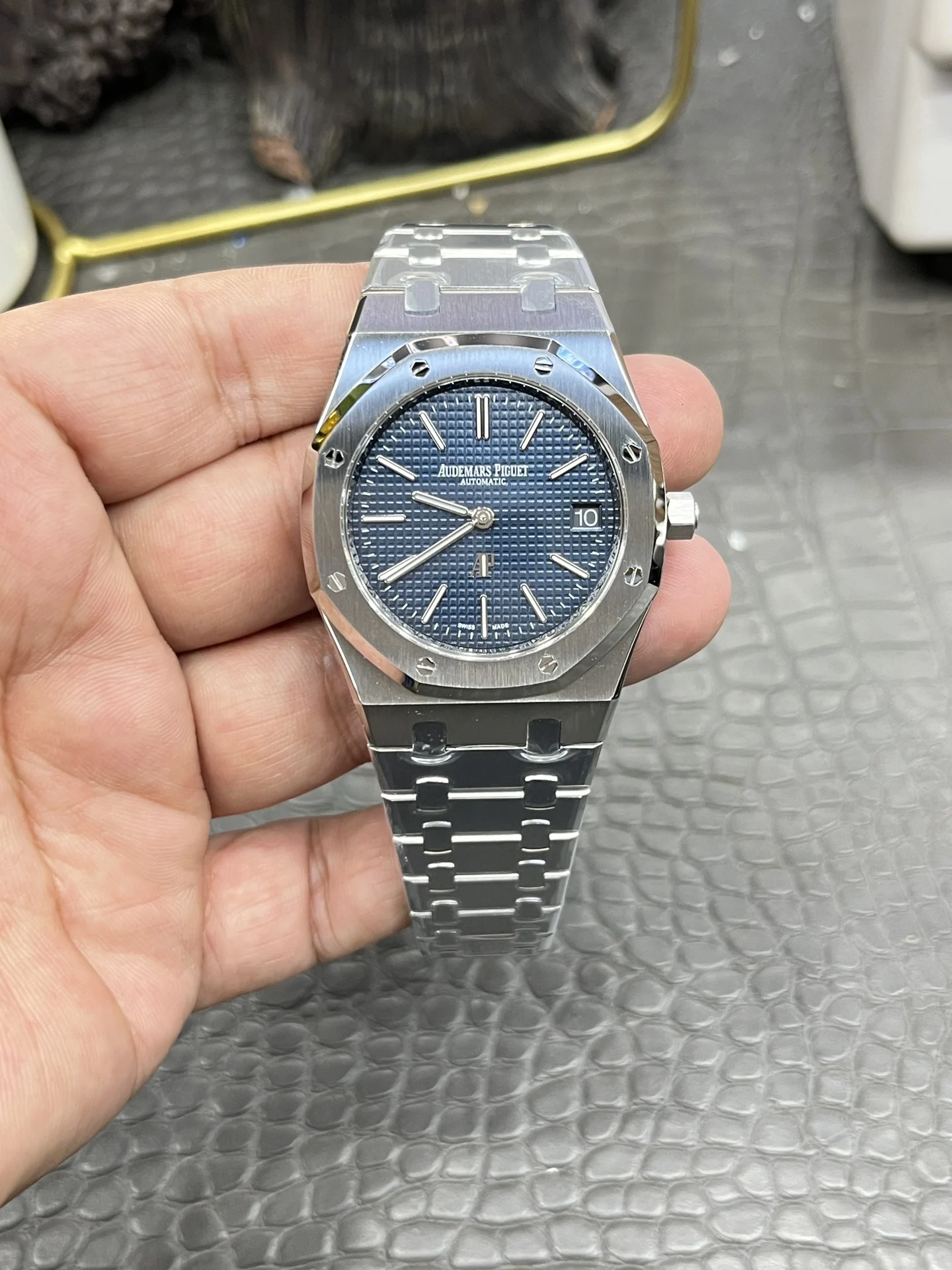 Audemars Piguet Royal Oak Blue Dial 39mm — photographed off the sweep