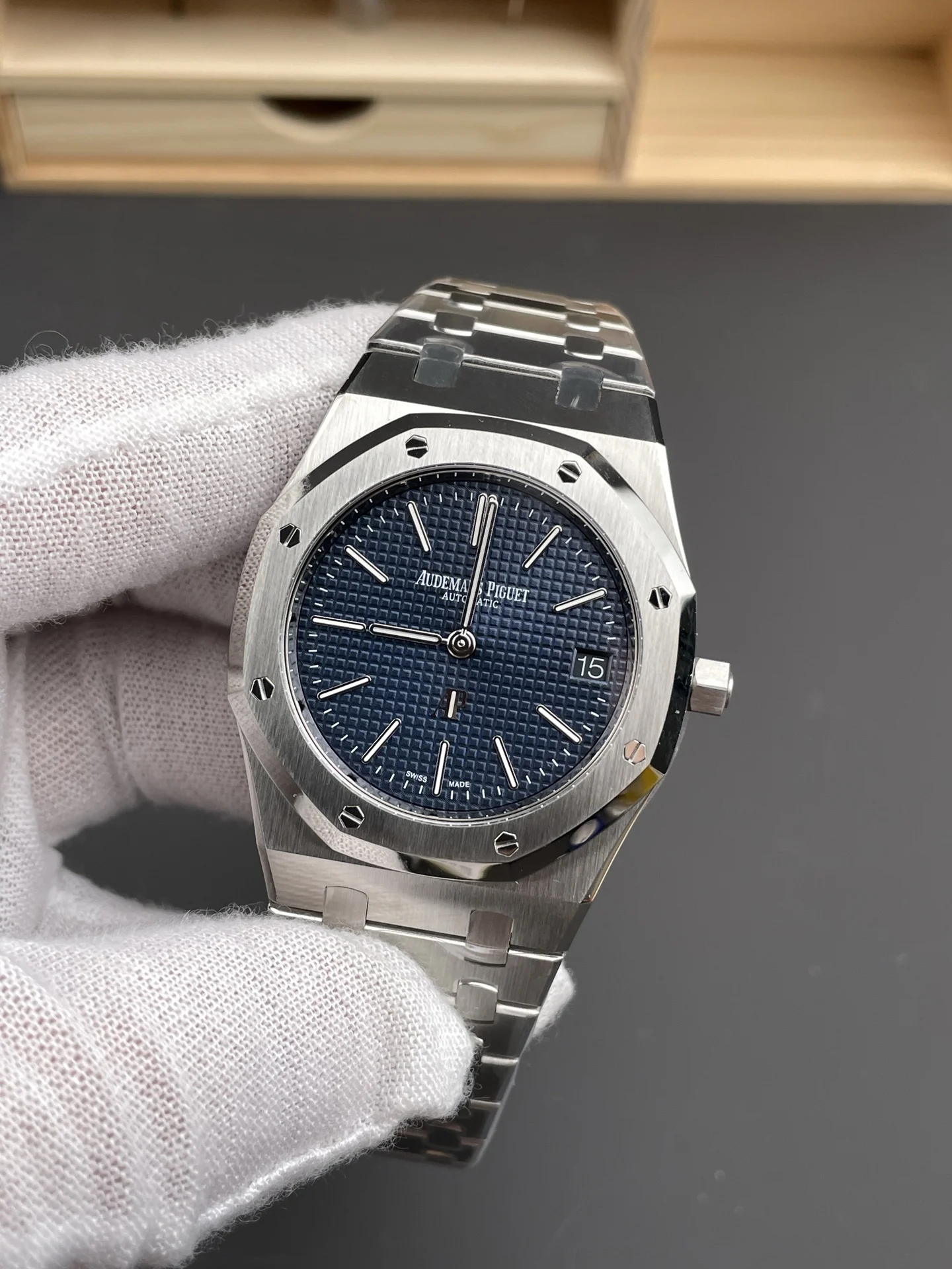 Audemars Piguet Royal Oak Blue Dial 39mm — photographed off the sweep