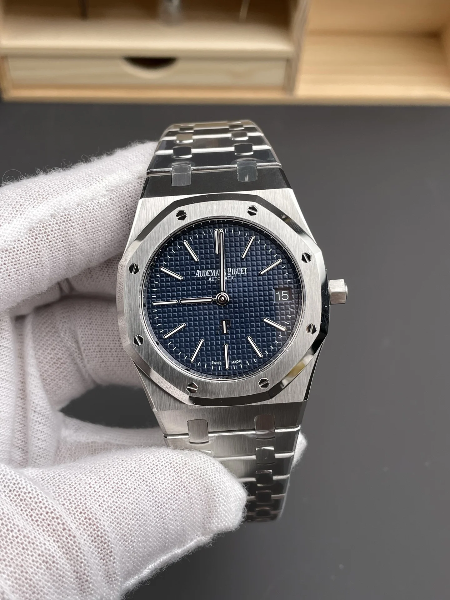 Audemars Piguet Royal Oak Blue Dial 39mm — photographed off the sweep