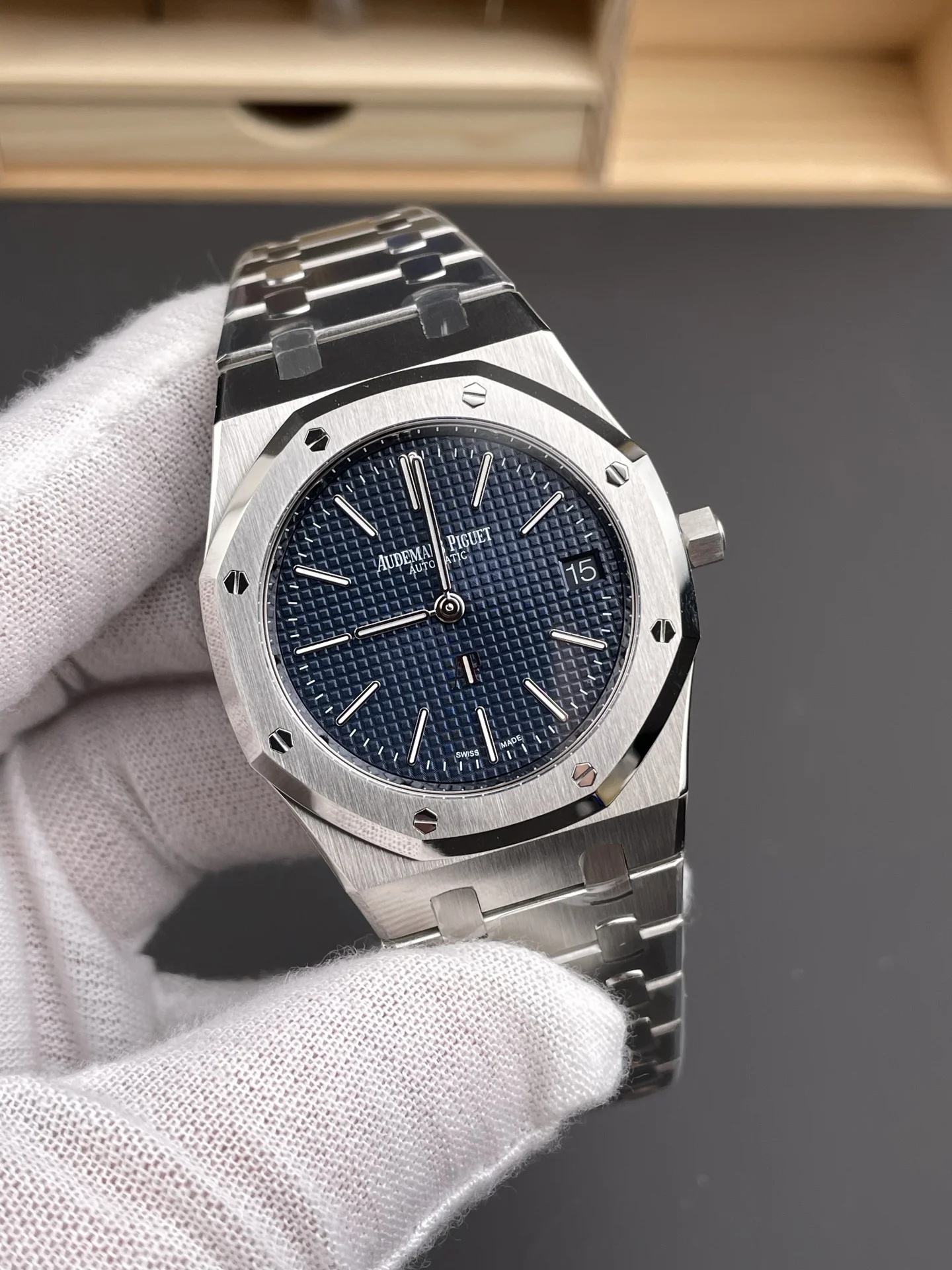 Audemars Piguet Royal Oak Blue Dial 39mm — photographed off the sweep