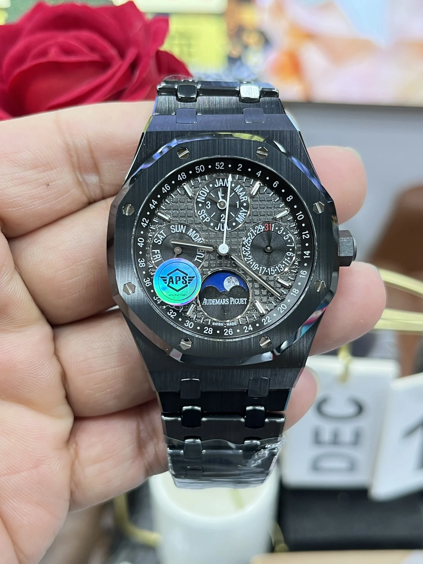 Audemars Piguet Royal Oak Moon Phase Ceramic Black Dial 26579 41mm — photographed off the sweep
