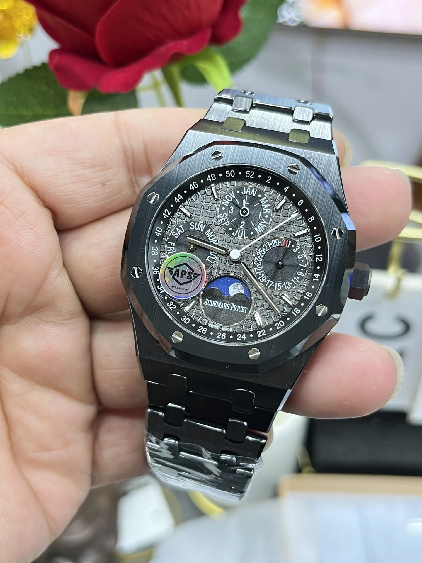Audemars Piguet Royal Oak Moon Phase Ceramic Black Dial 26579 41mm — photographed off the sweep