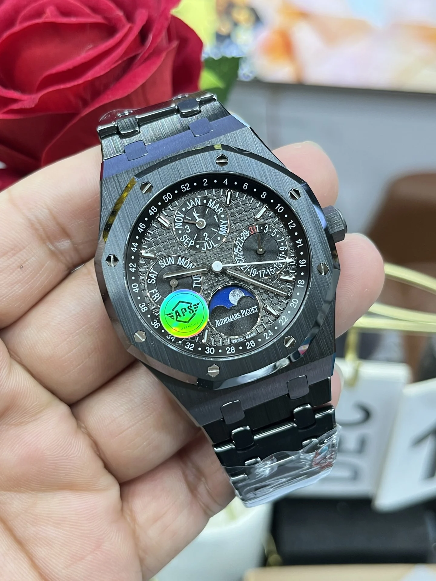 Audemars Piguet Royal Oak Moon Phase Ceramic Black Dial 26579 41mm — photographed off the sweep