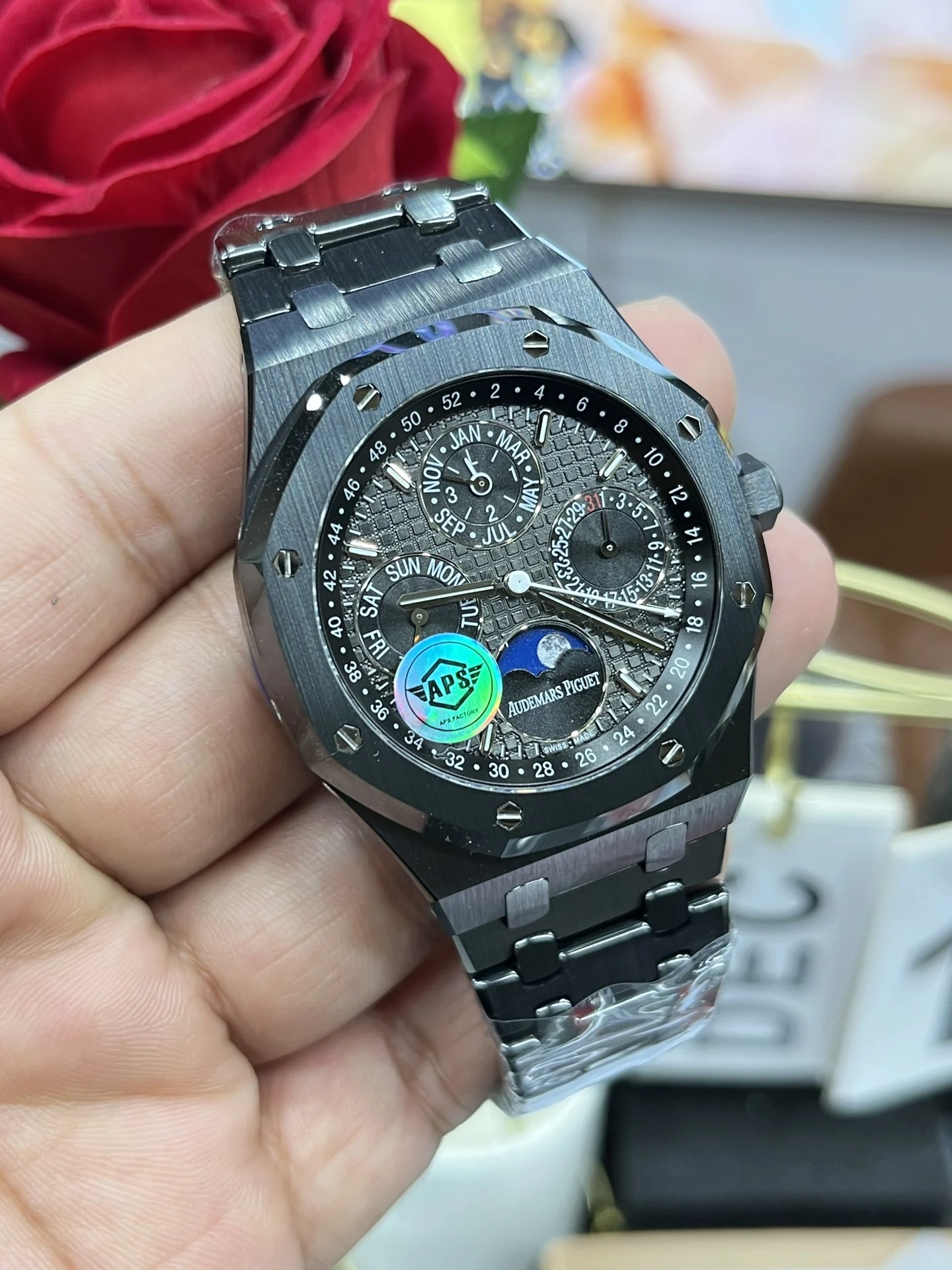 Audemars Piguet Royal Oak Moon Phase Ceramic Black Dial 26579 41mm — photographed off the sweep