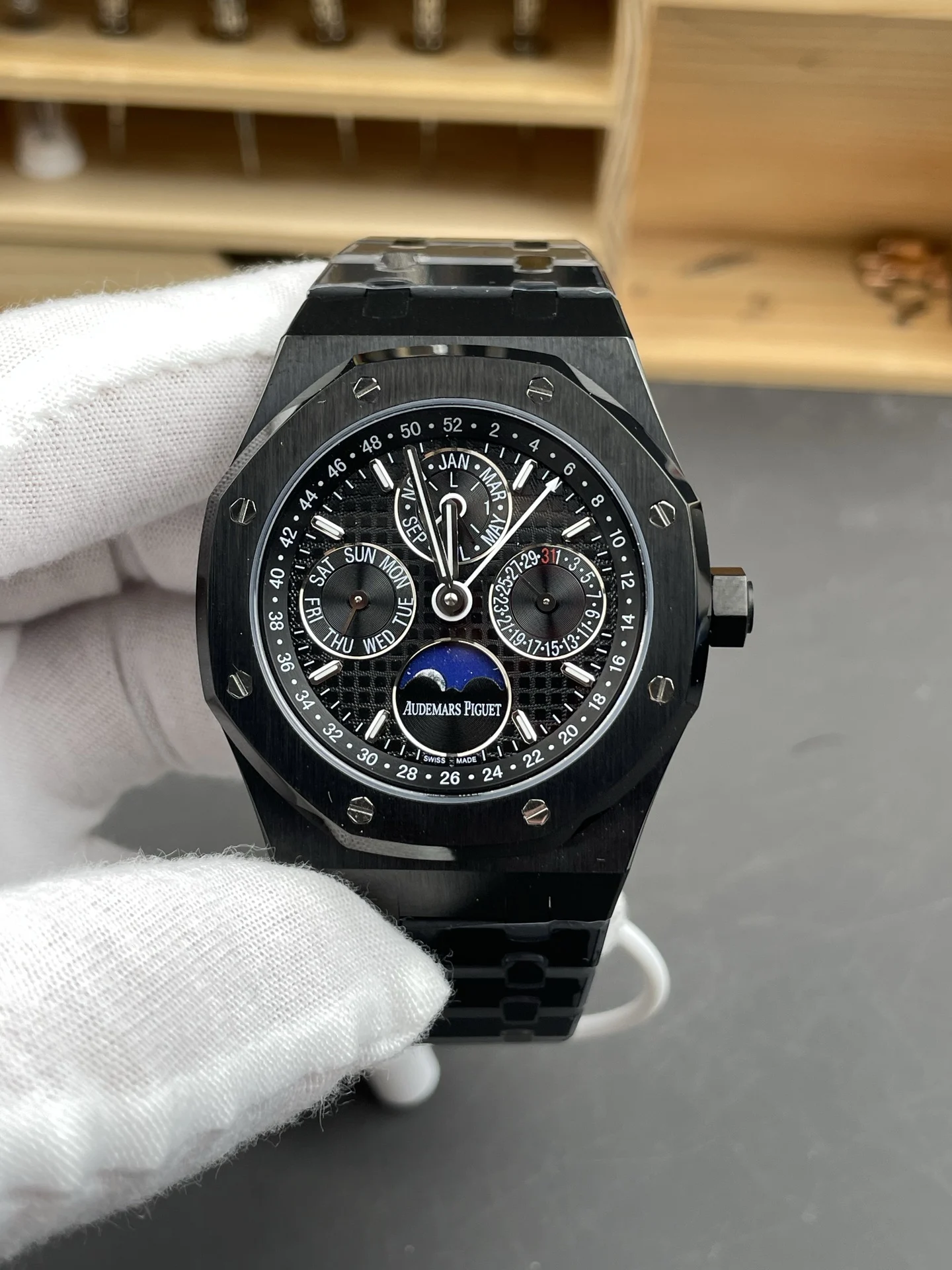 Audemars Piguet Royal Oak Moon Phase Ceramic Black Dial 26579 41mm — photographed off the sweep