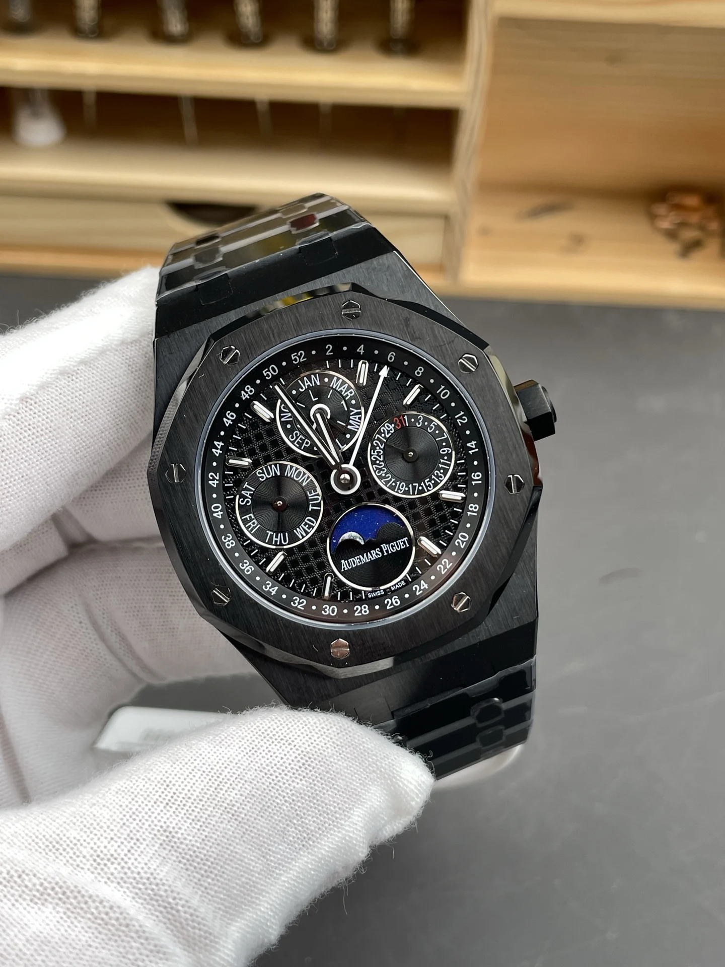 Audemars Piguet Royal Oak Moon Phase Ceramic Black Dial 26579 41mm — photographed off the sweep