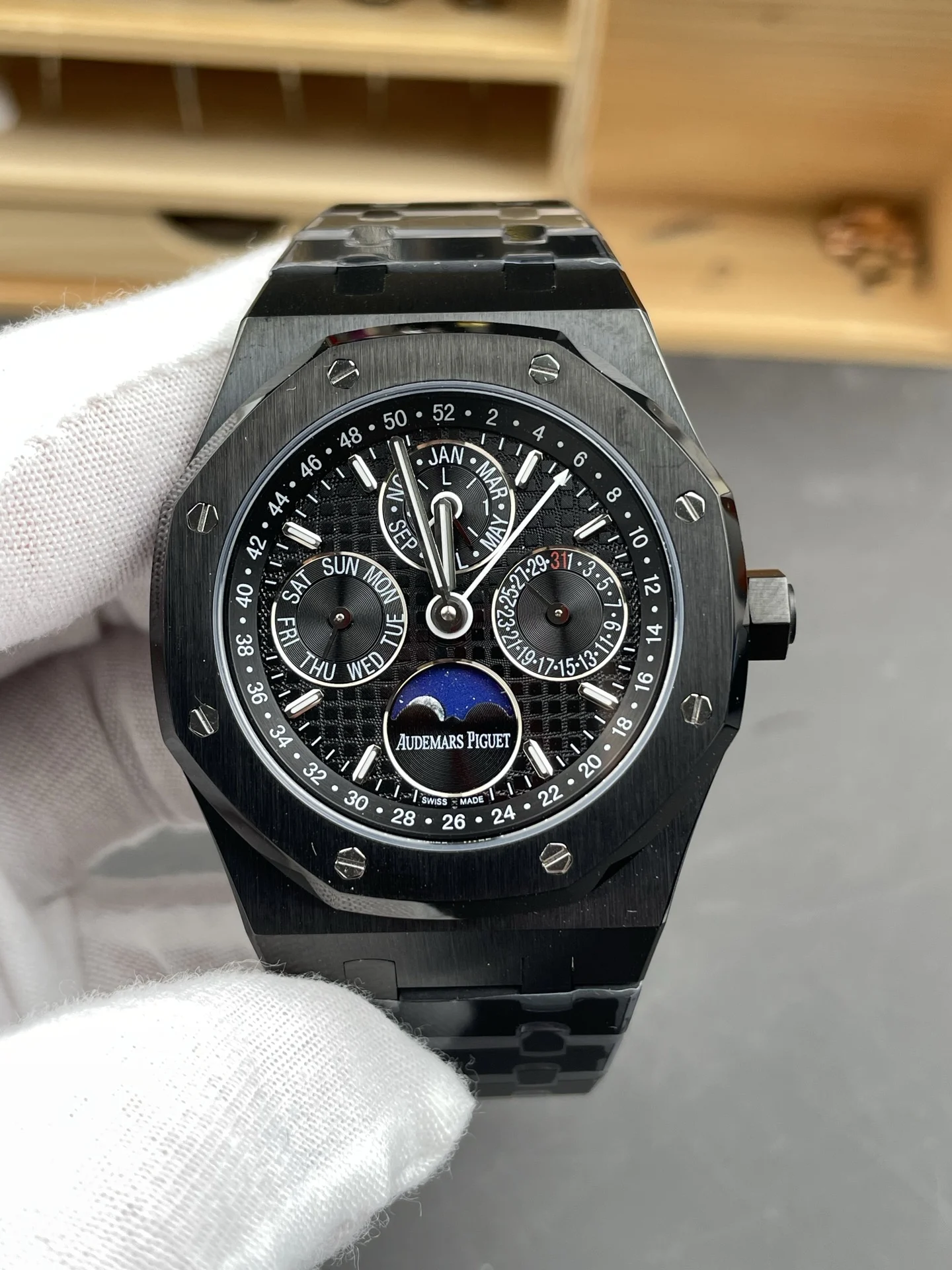 Audemars Piguet Royal Oak Moon Phase Ceramic Black Dial 26579 41mm — photographed off the sweep