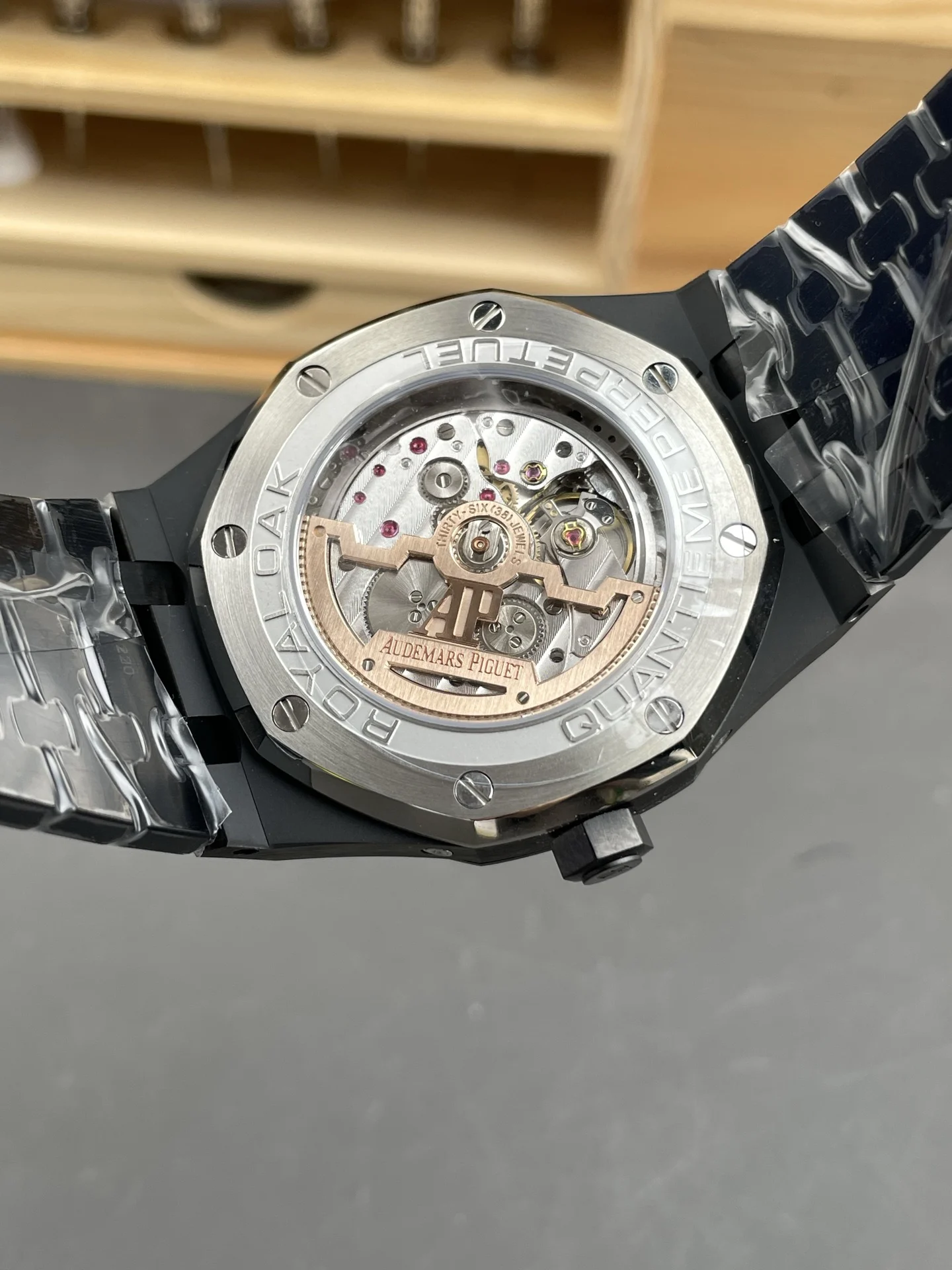 Audemars Piguet Royal Oak Moon Phase Ceramic Black Dial 26579 41mm — photographed off the sweep