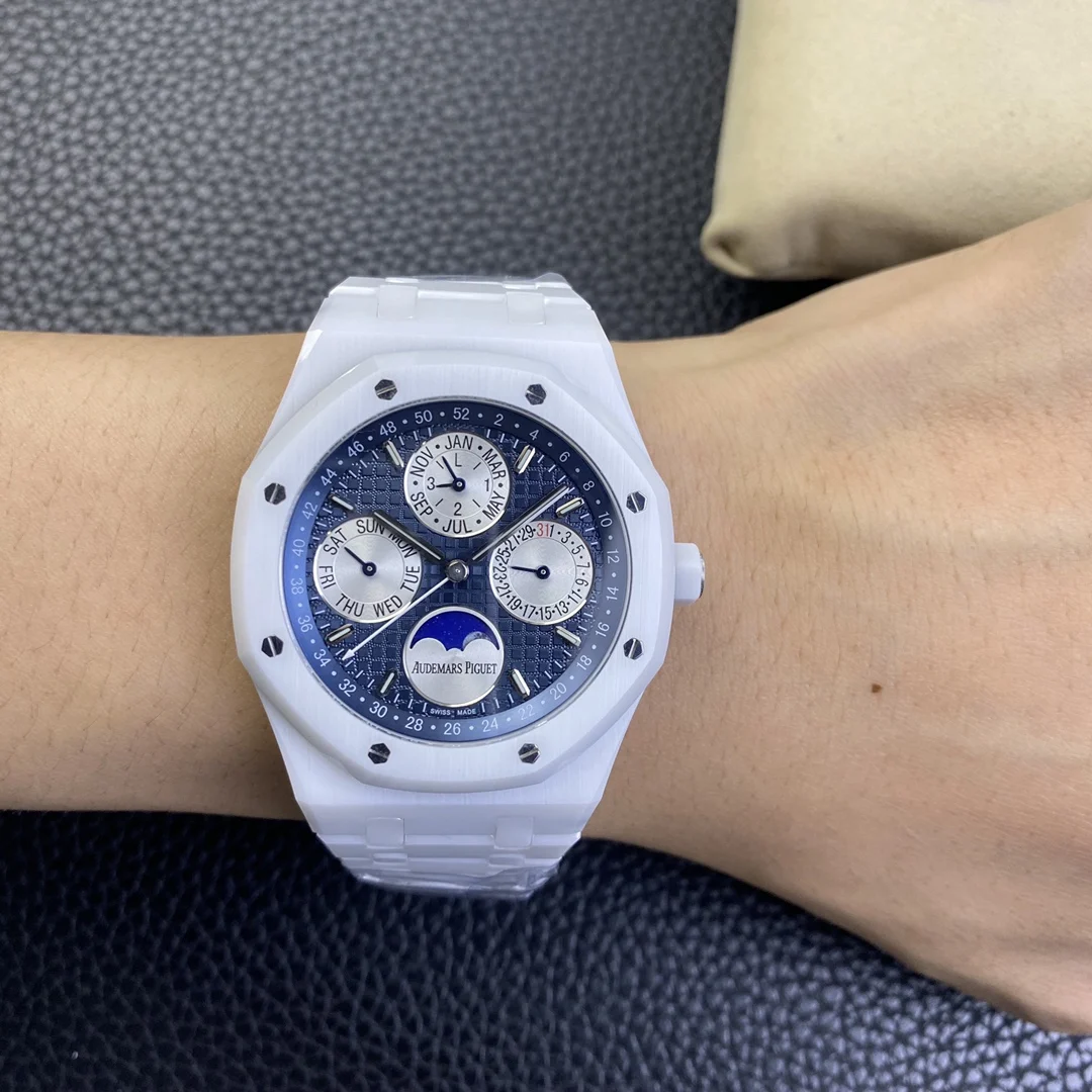 Audemars Piguet Royal Oak Moon Phase Tapisserie Ceramic 41mm — photographed off the sweep