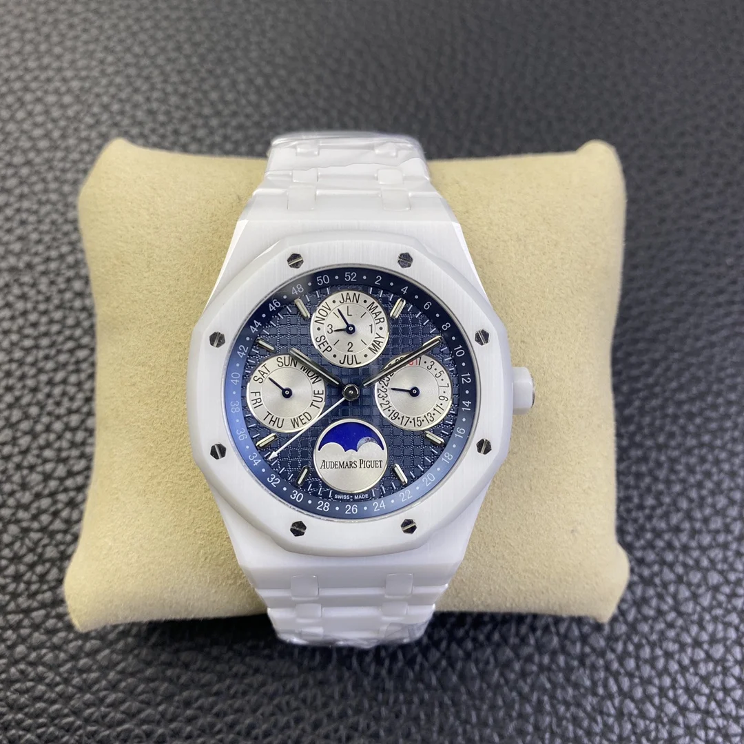 Audemars Piguet Royal Oak Moon Phase Tapisserie Ceramic 41mm — photographed off the sweep