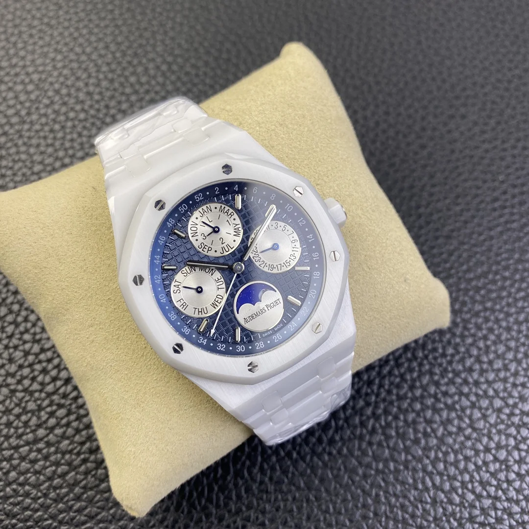 Audemars Piguet Royal Oak Moon Phase Tapisserie Ceramic 41mm — photographed off the sweep