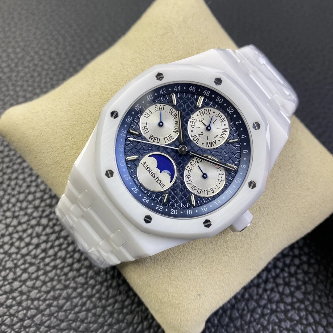 Audemars Piguet Royal Oak Moon Phase Tapisserie Ceramic 41mm — photographed off the sweep