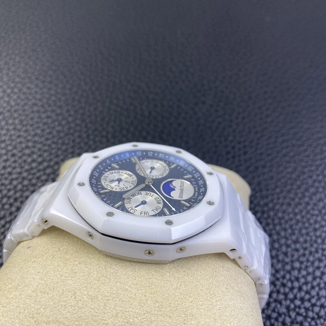 Audemars Piguet Royal Oak Moon Phase Tapisserie Ceramic 41mm — photographed off the sweep