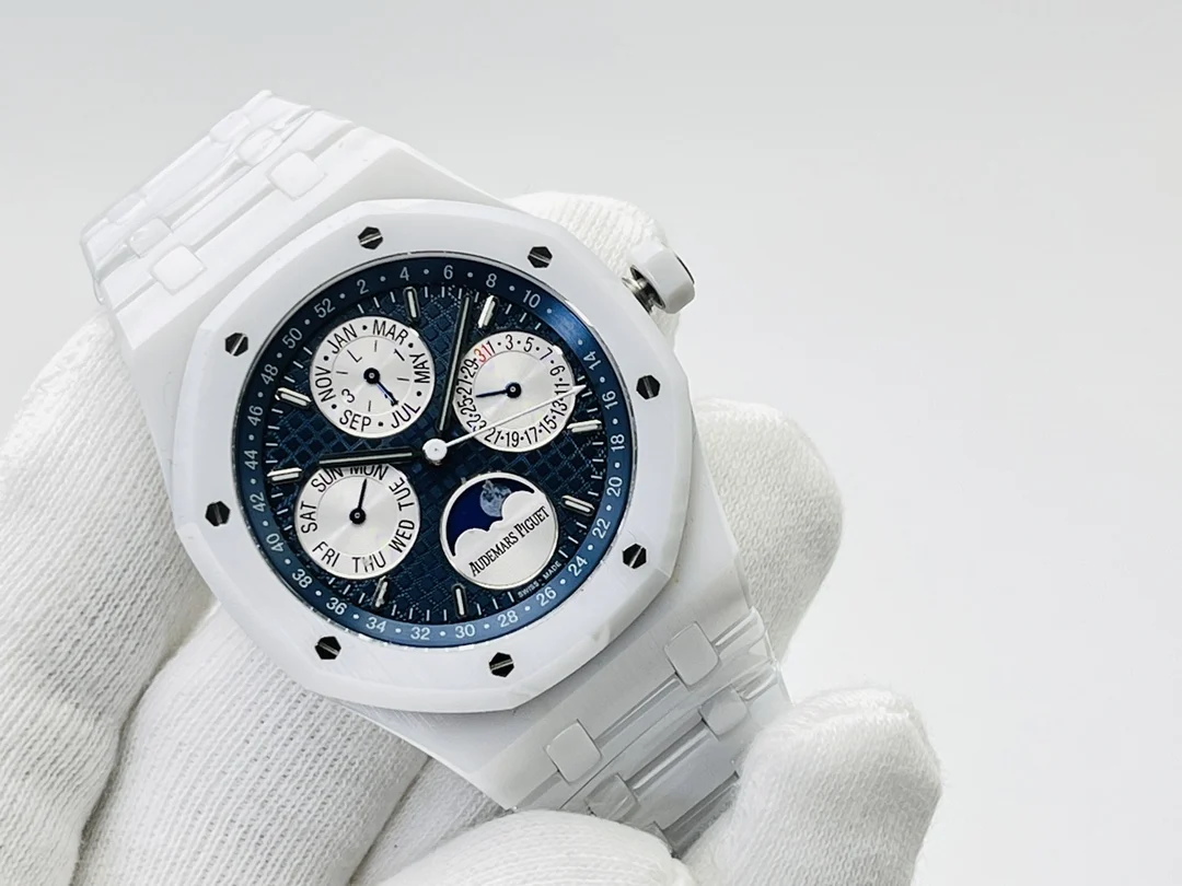 Audemars Piguet Royal Oak Moon Phase Tapisserie Ceramic 41mm — photographed off the sweep