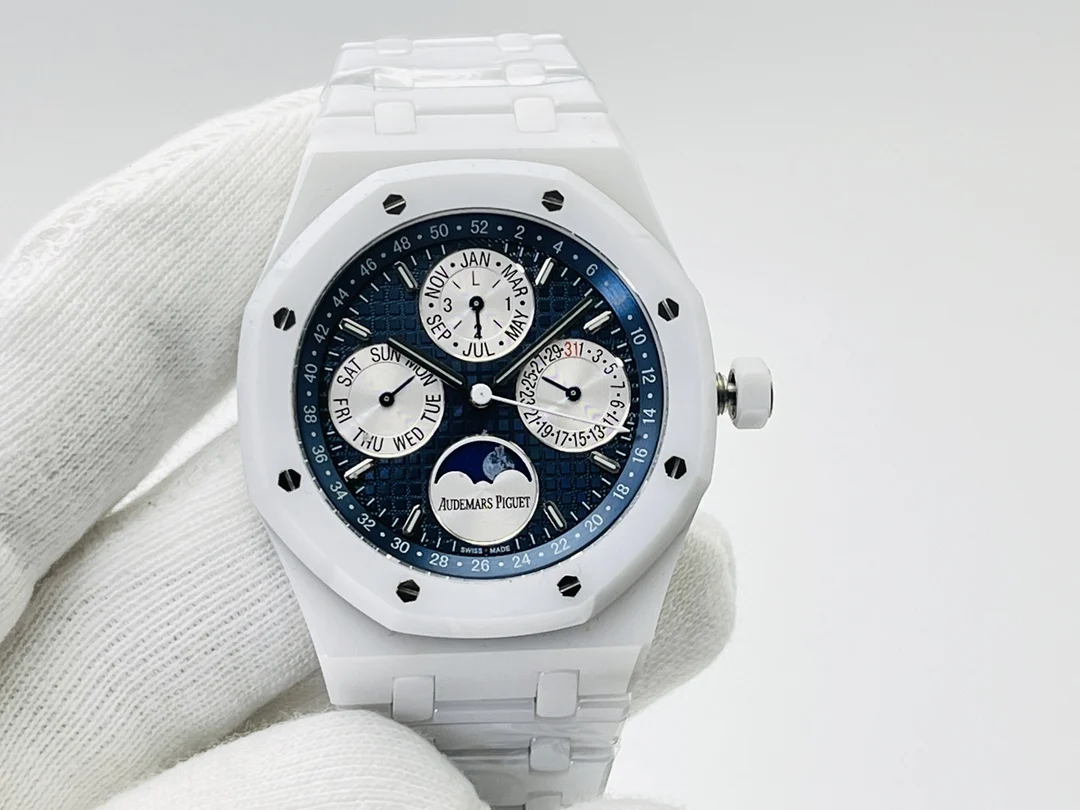 Audemars Piguet Royal Oak Moon Phase Tapisserie Ceramic 41mm — photographed off the sweep