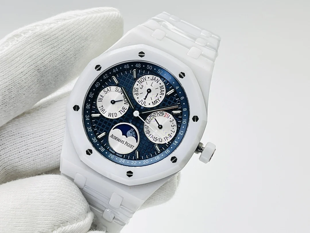 Audemars Piguet Royal Oak Moon Phase Tapisserie Ceramic 41mm — photographed off the sweep