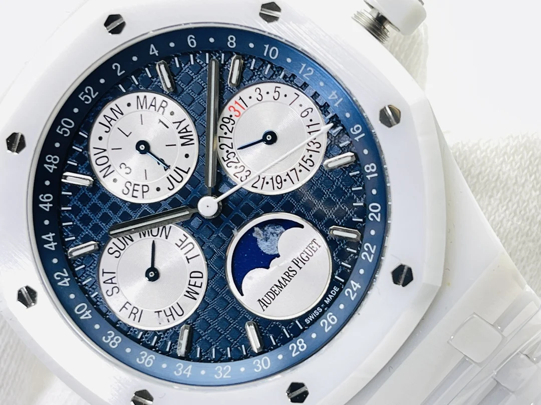 Audemars Piguet Royal Oak Moon Phase Tapisserie Ceramic 41mm — photographed off the sweep