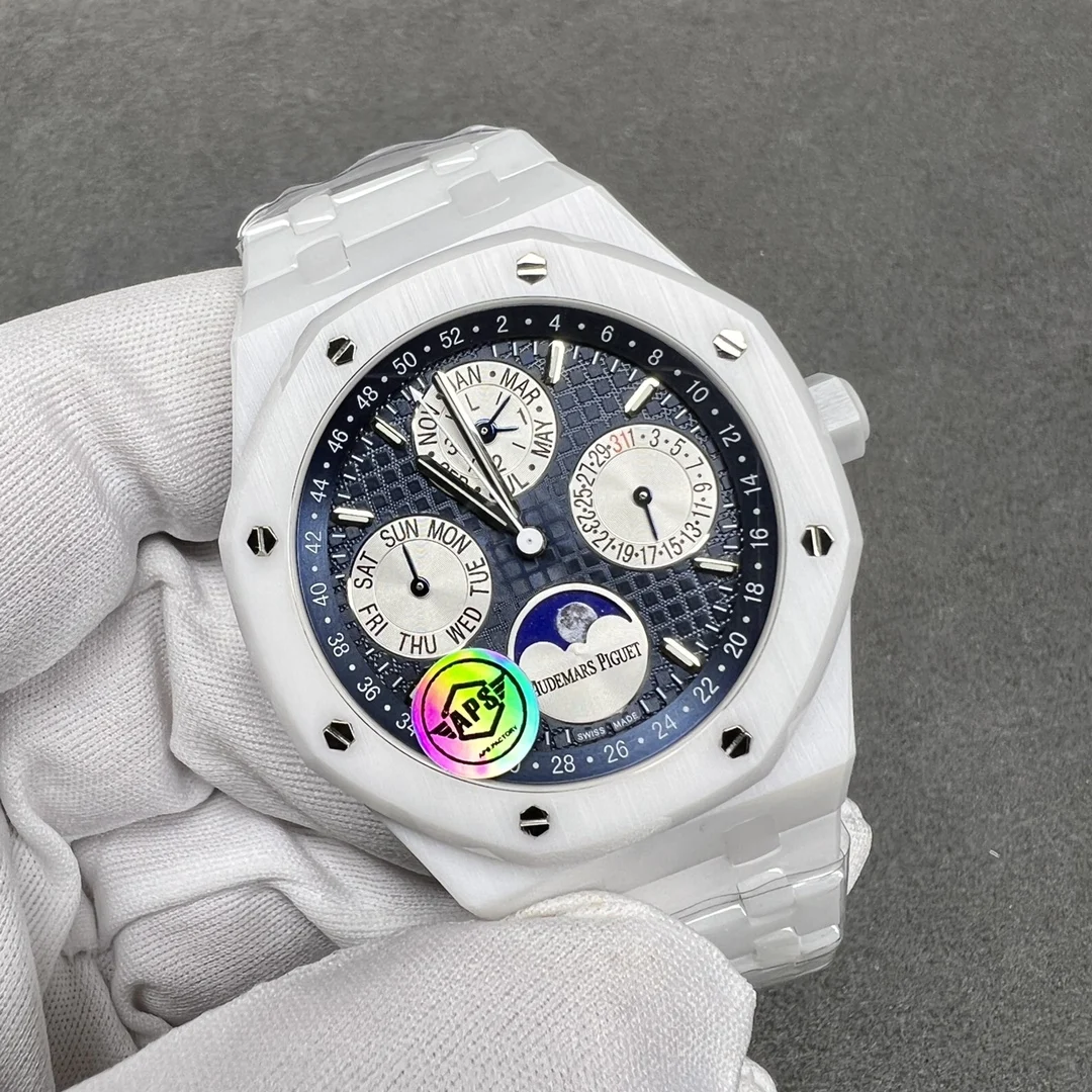 Audemars Piguet Royal Oak Moon Phase Tapisserie Ceramic 41mm — photographed off the sweep