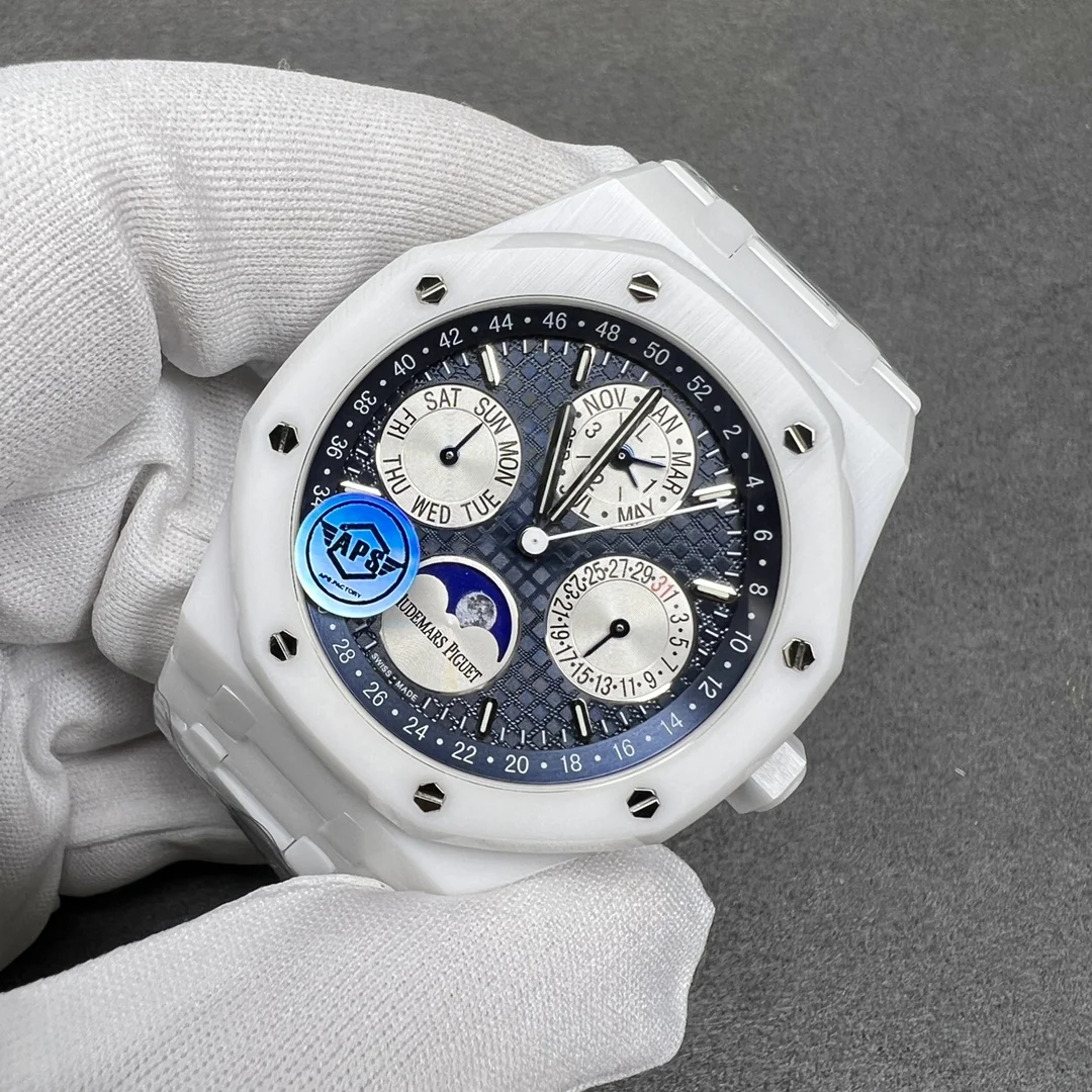 Audemars Piguet Royal Oak Moon Phase Tapisserie Ceramic 41mm — photographed off the sweep