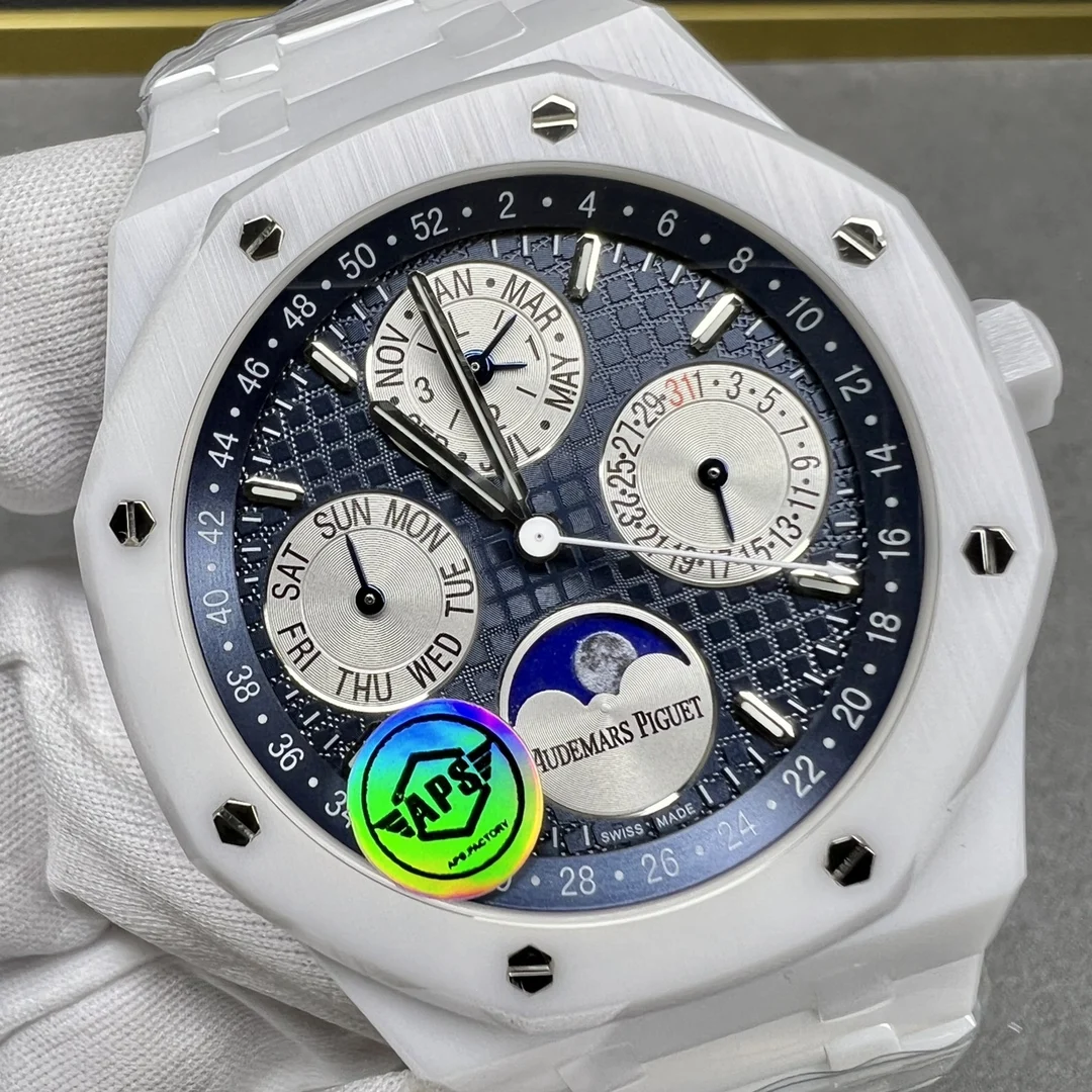 Audemars Piguet Royal Oak Moon Phase Tapisserie Ceramic 41mm — photographed off the sweep