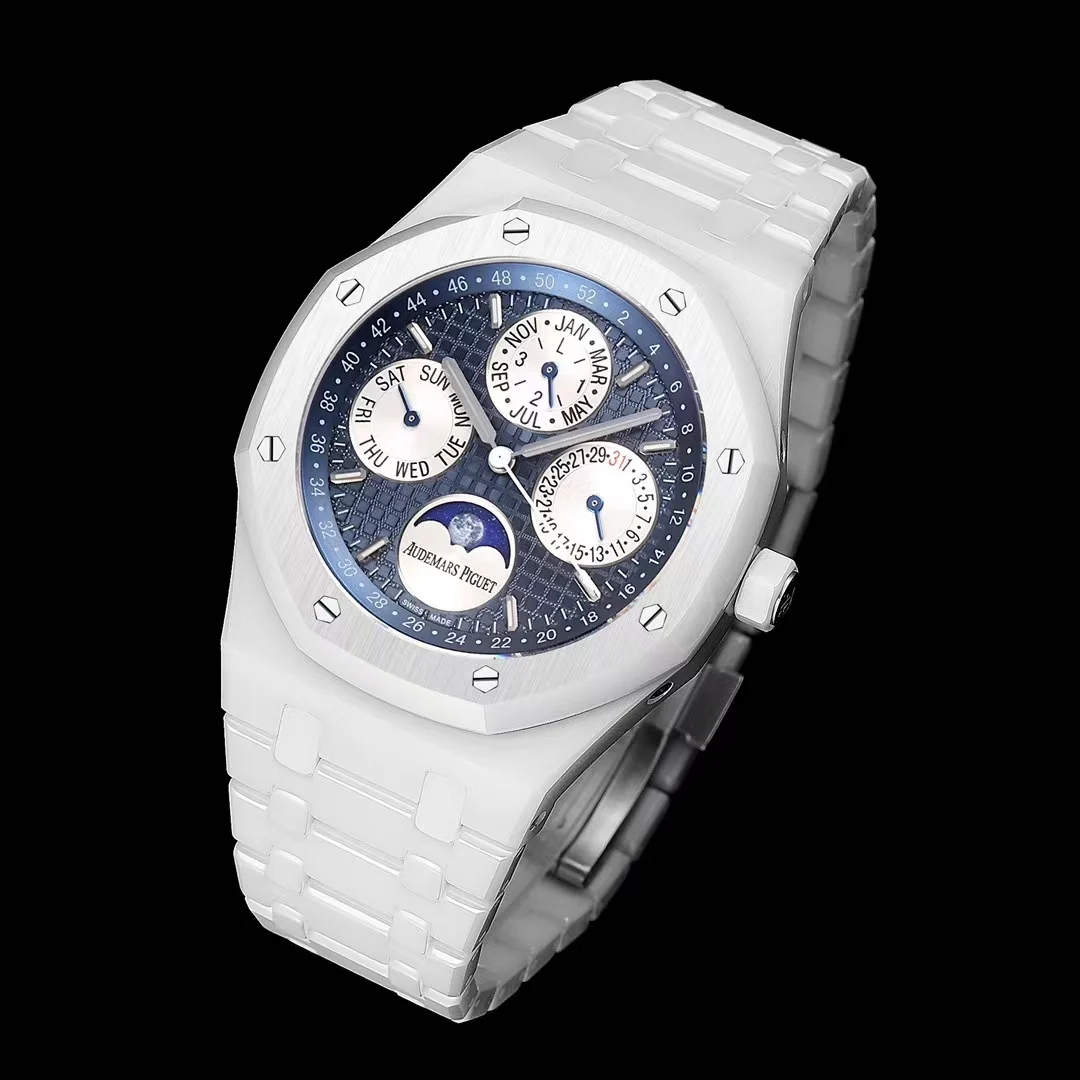 Audemars Piguet Royal Oak Moon Phase Tapisserie Ceramic White Dial — photographed off the sweep